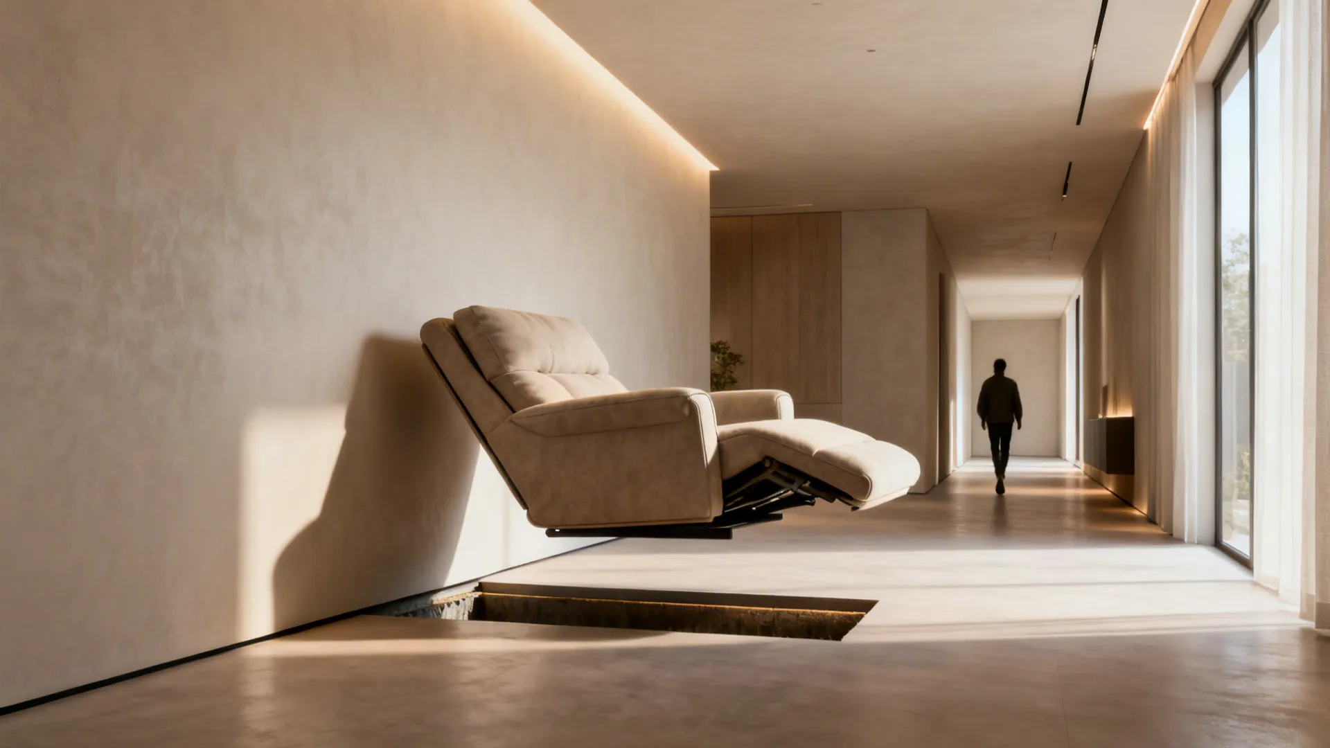 Reclining sofa floated slightly from the wall creating a clear walking path behind