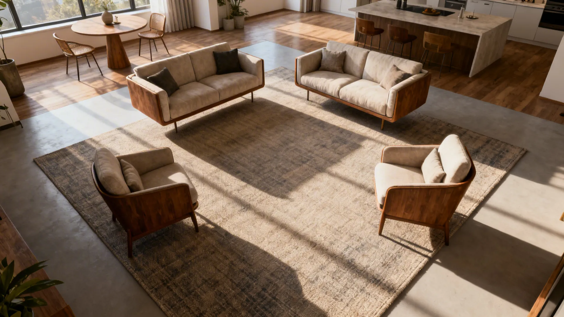 Open-plan living area with a floated seating cluster on a large rug and clear circulation paths.