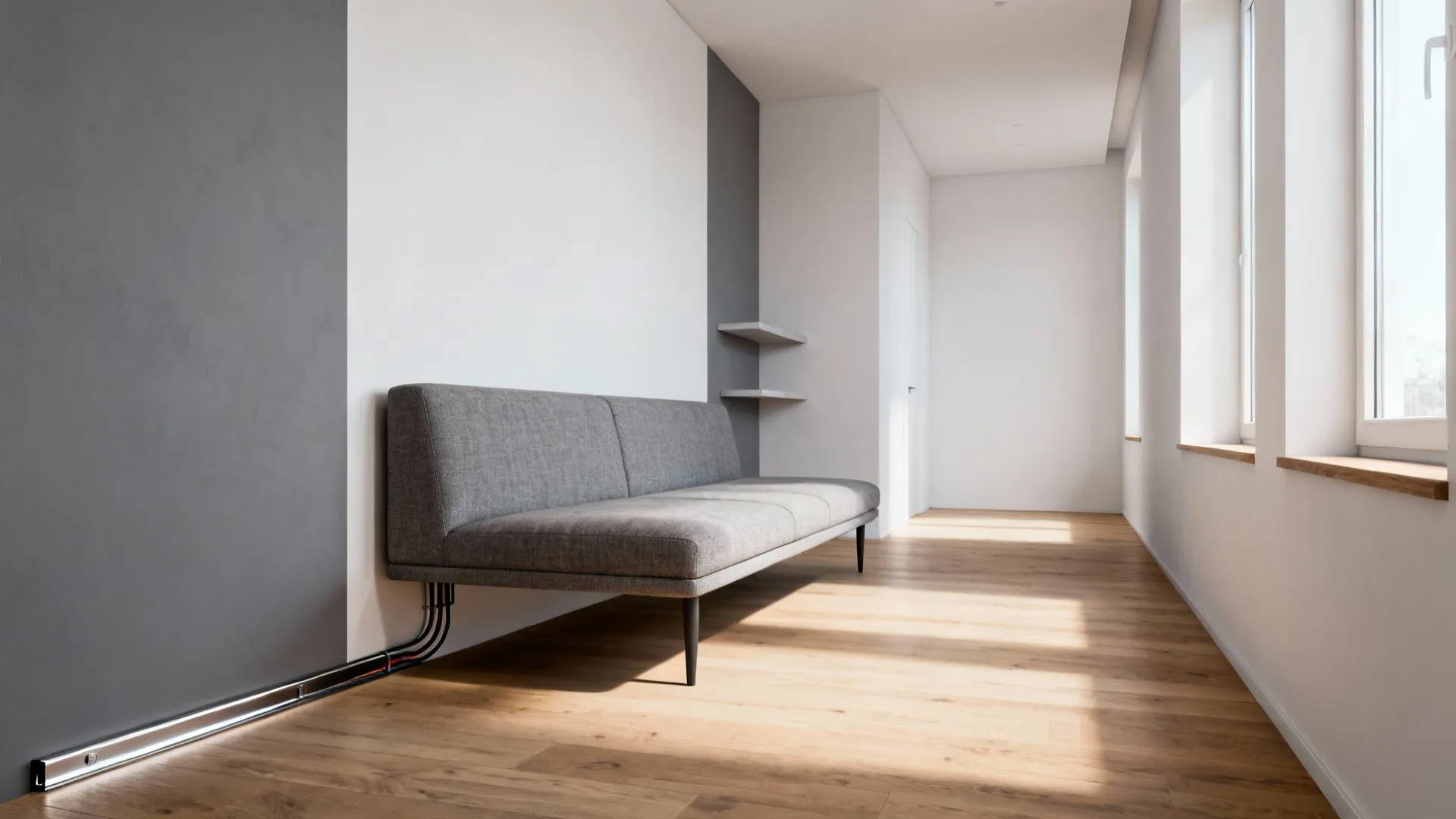 Sectional floated slightly from the wall revealing a slim cable channel and improved circulation in a narrow room.