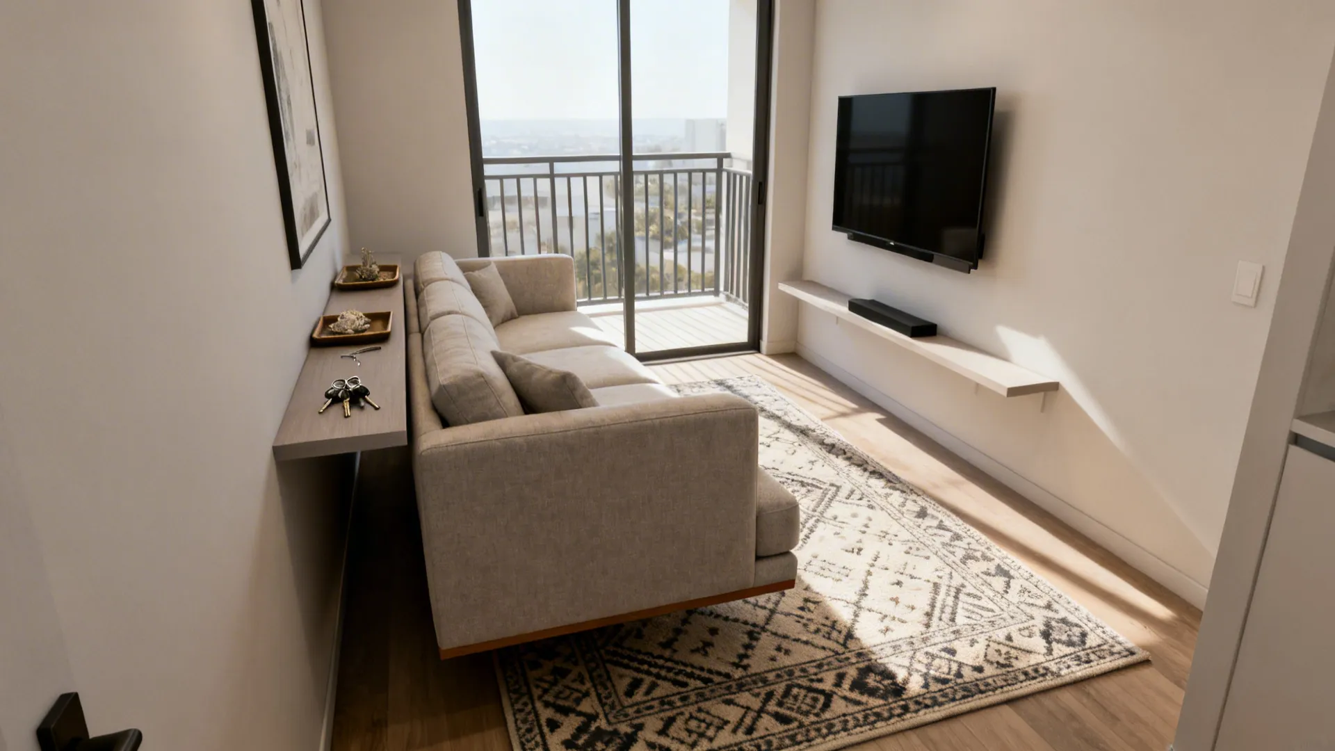 Studio living room with a sectional floated off the wall, rug pattern and a slim console behind