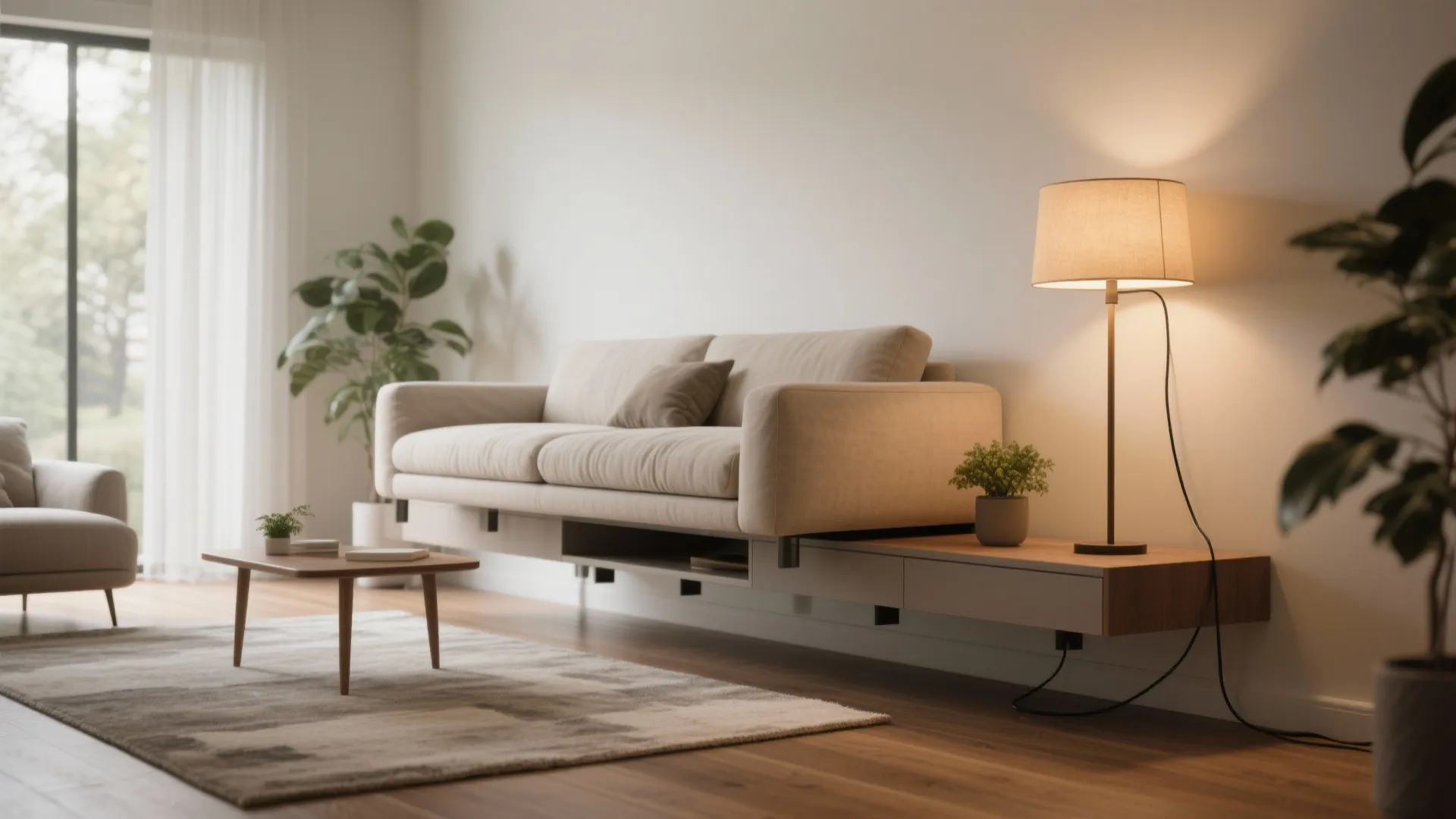 Sofa placement and low consoles to shape circulation