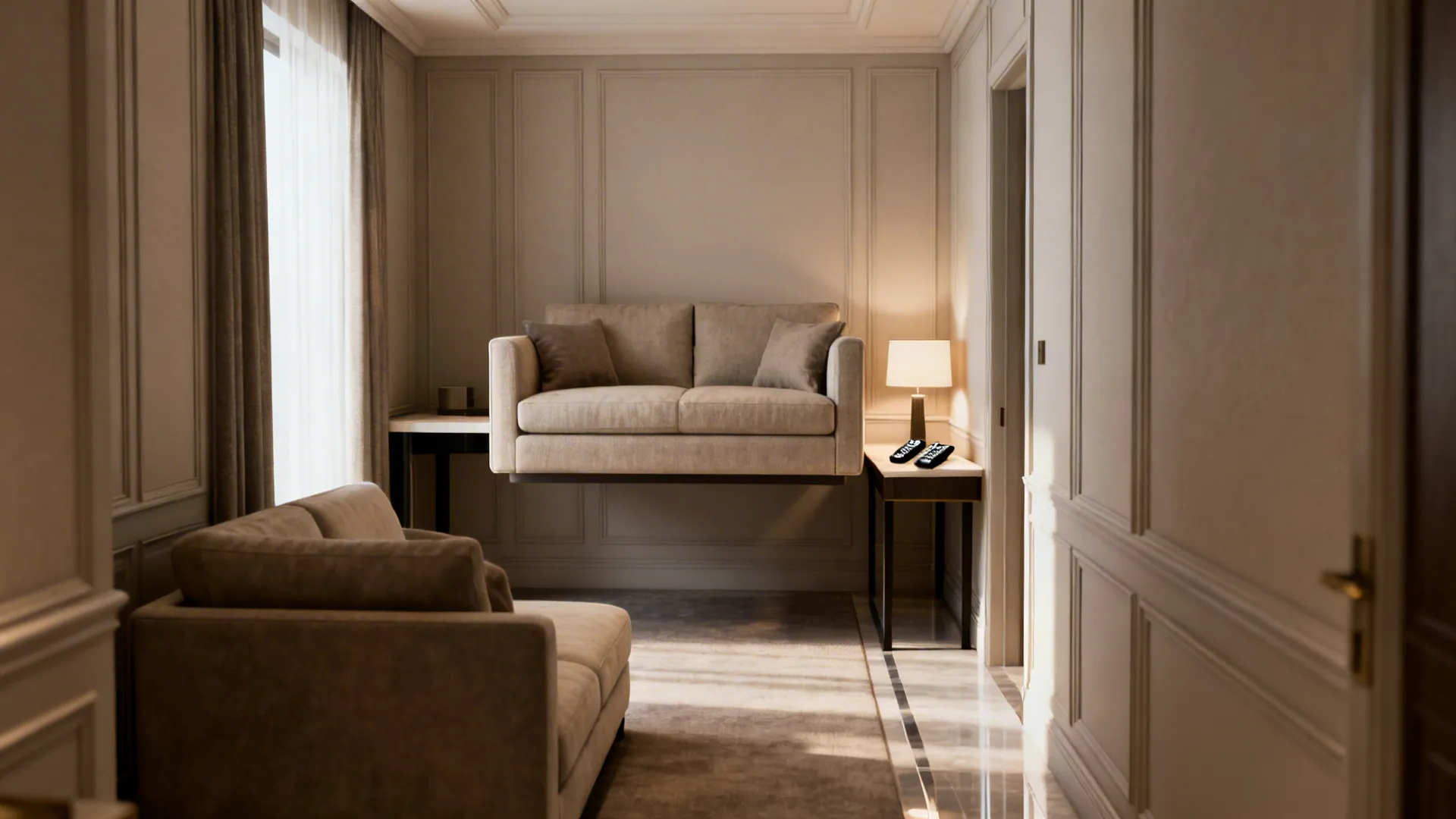 Sofa floated from the wall with a narrow console behind it and a loveseat opposite, creating a clear walkway.