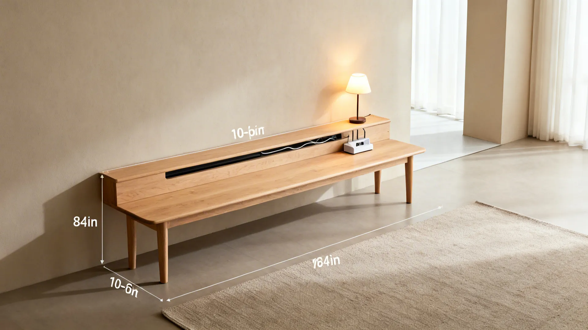 Bench-seat sofa floated from the wall with a slim console and lamp behind.