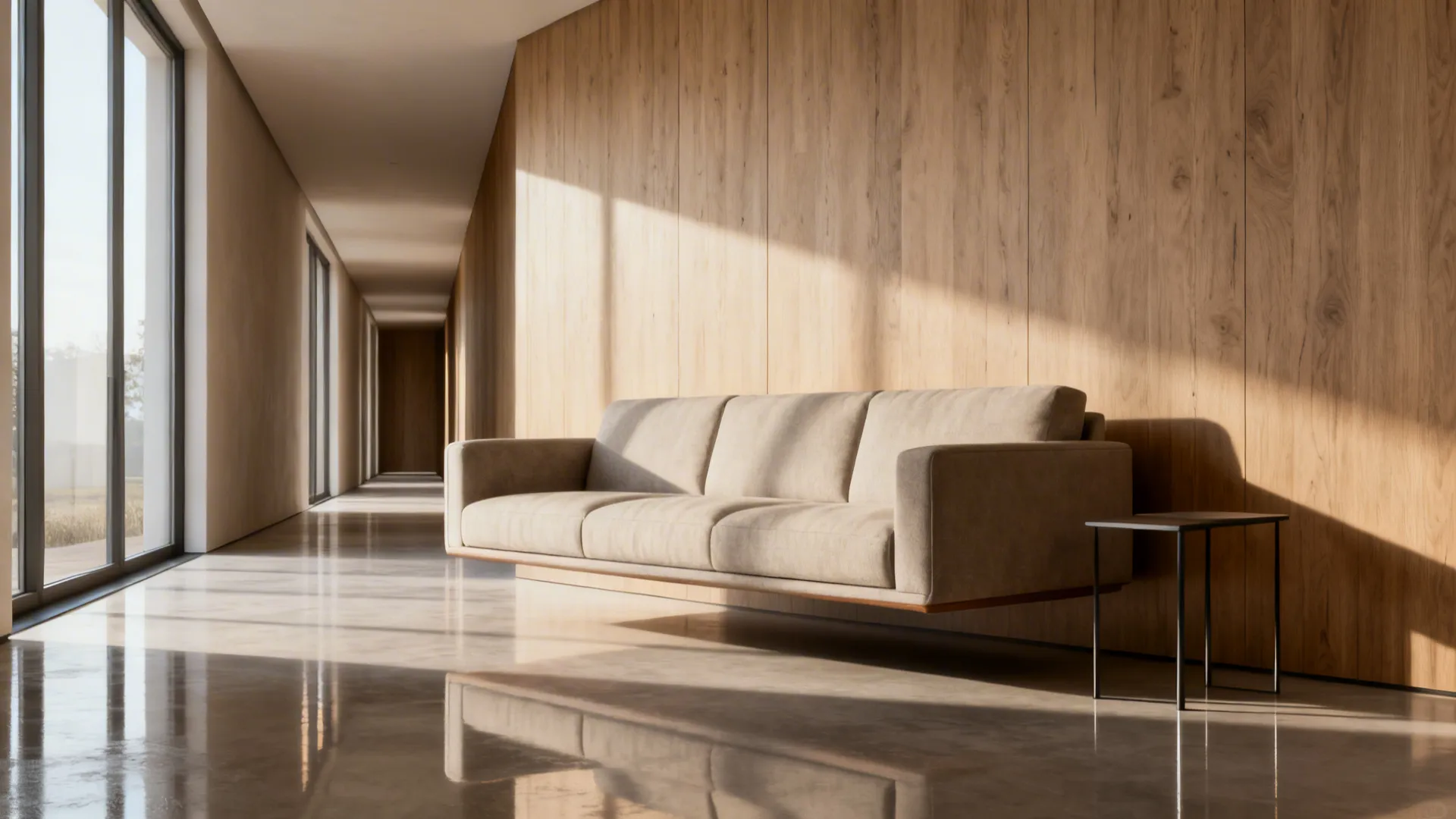 Modern long hallway with beige sofa against wood wall panel, large windows, and bright sunlight