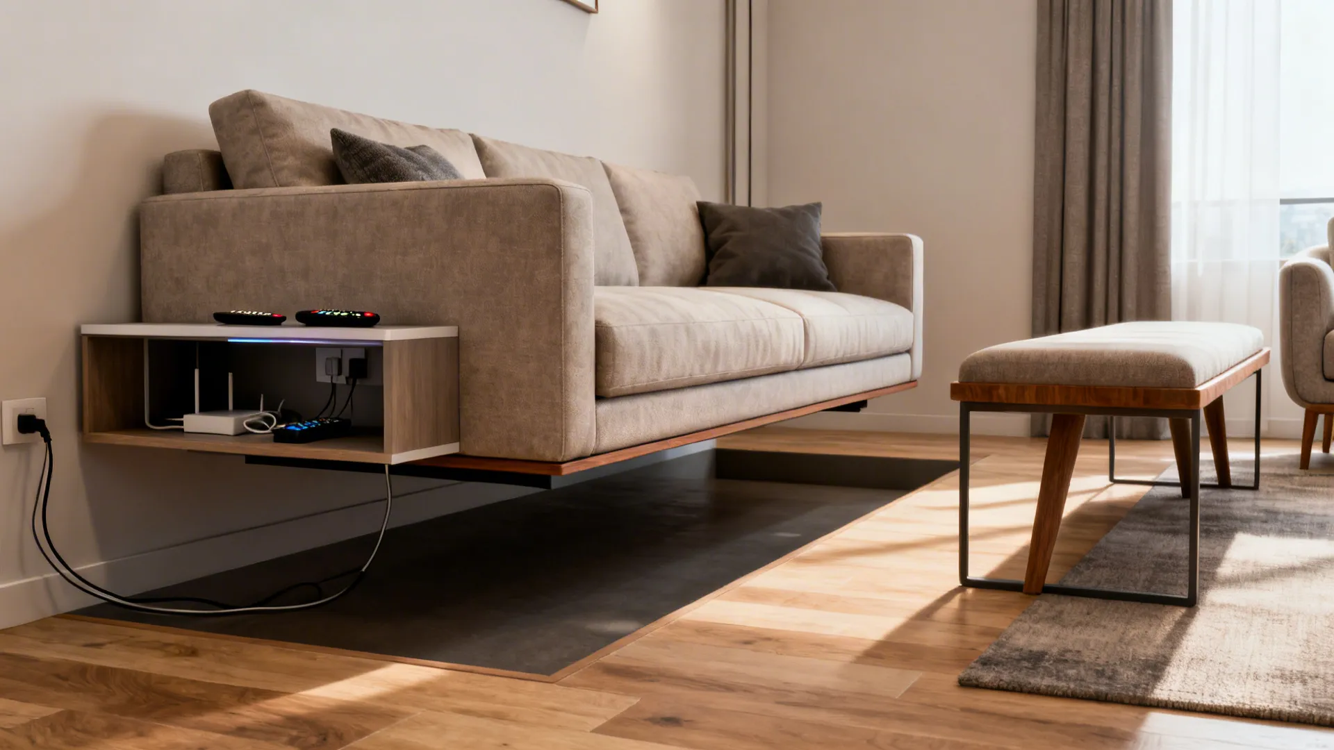 Small living room with a floated sofa, slim console, clear walkway, and open-leg furniture.