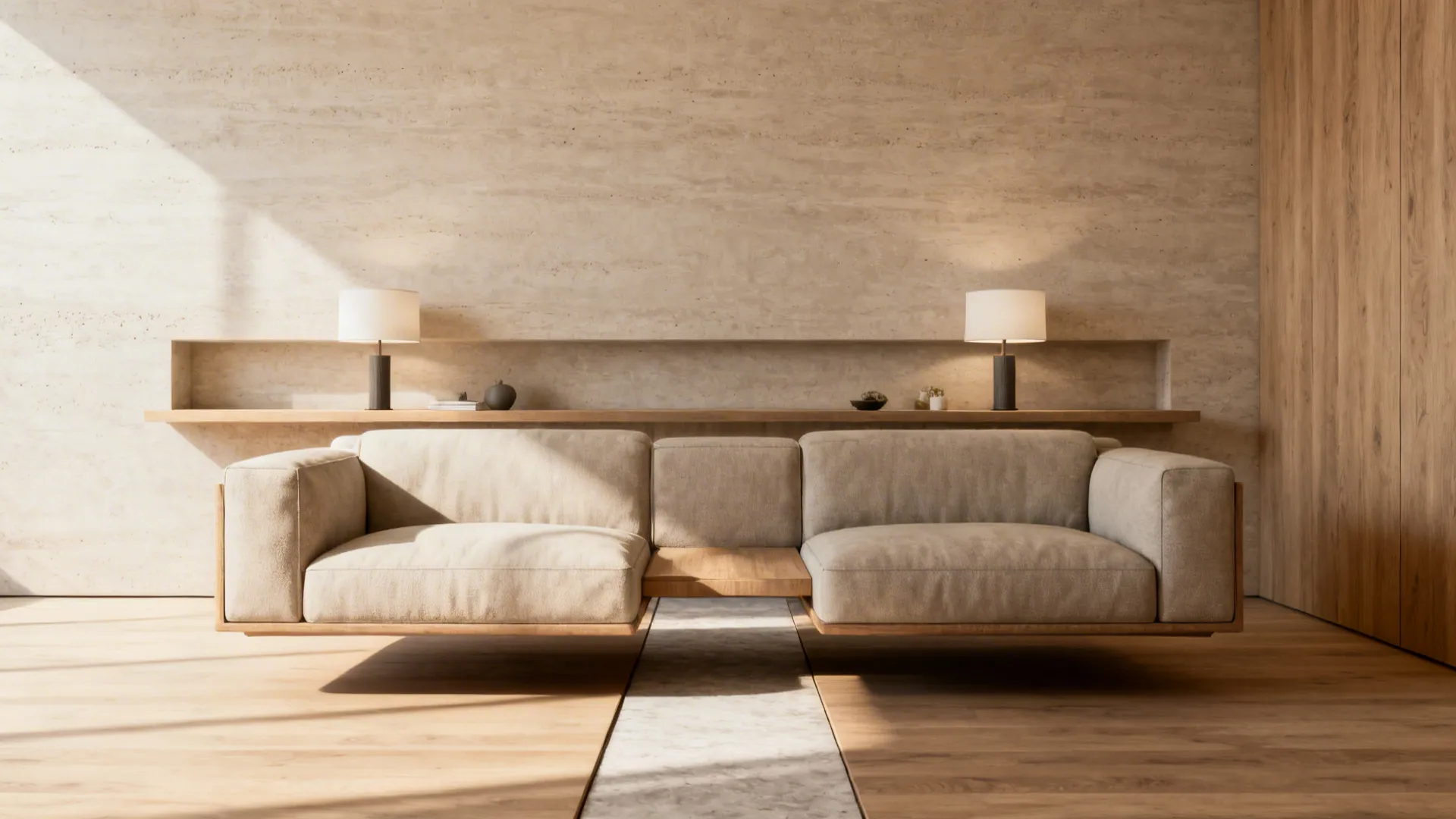 Sofa floated from the wall with a low console behind creating a circulation path and surface for decor.