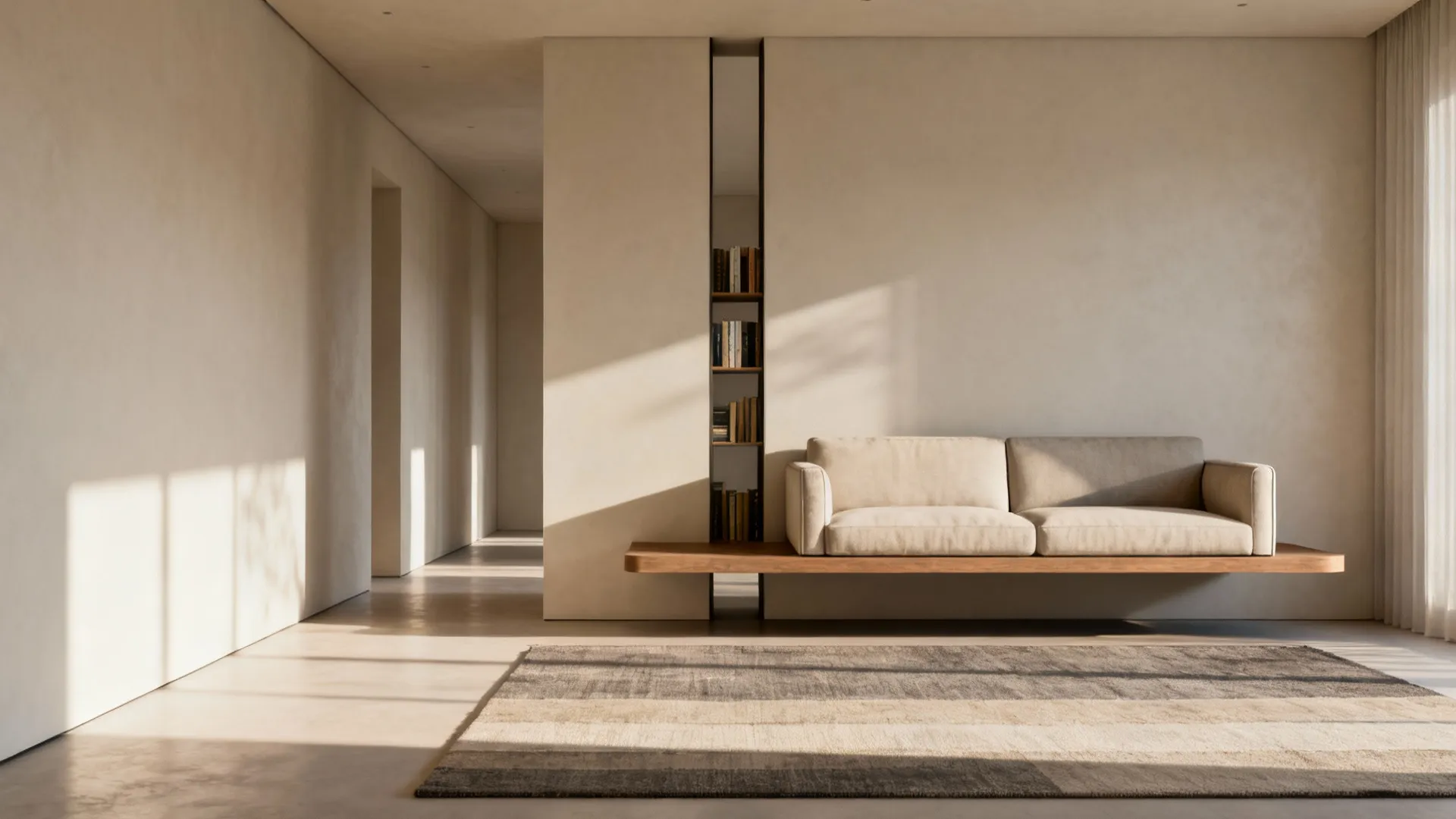 Minimalist living room featuring a floating beige sofa on a wooden shelf with built-in bookshelves
