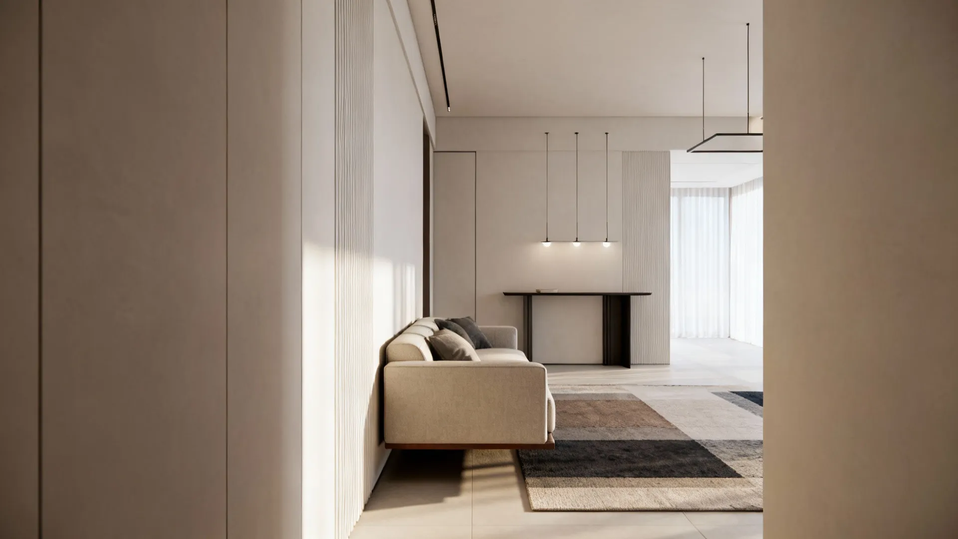 Sofa floated away from the long wall with a narrow console behind, creating a walkway in a narrow living room.