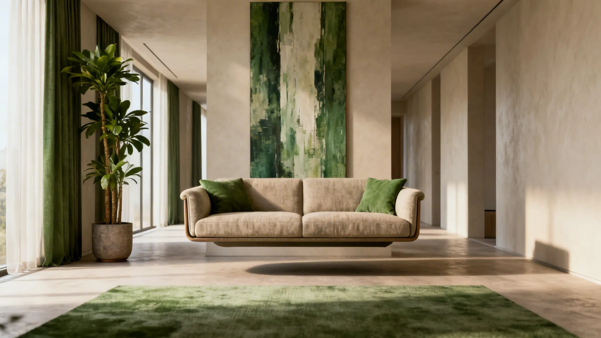Floated sofa with a tall plant and vertical art behind to break linear sightlines and add depth.