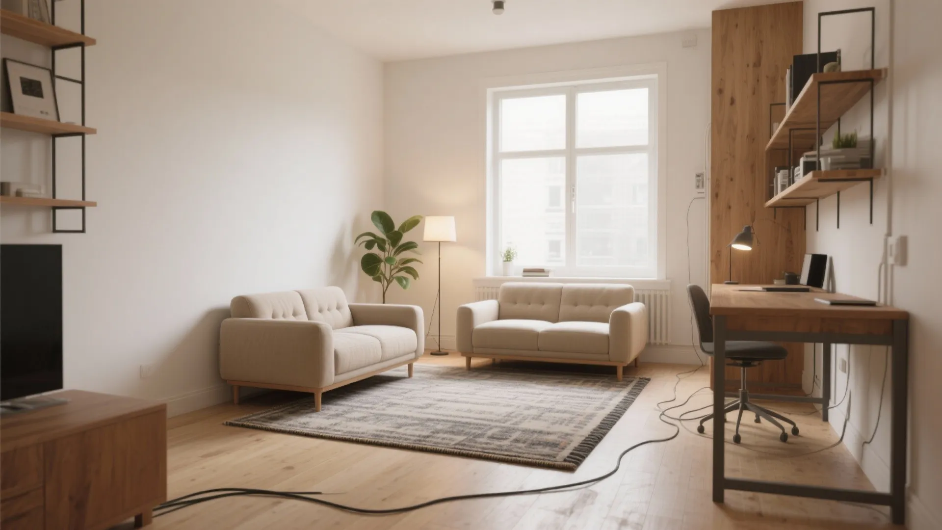 Minimalist home office and living area with two sofas a wooden desk and a floor lamp