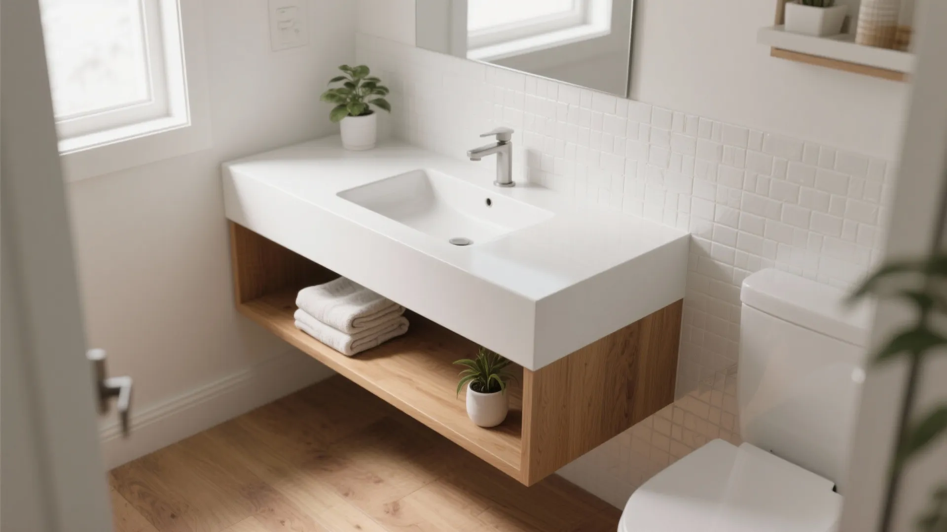 1. Floating white 30" vanity with open shelf