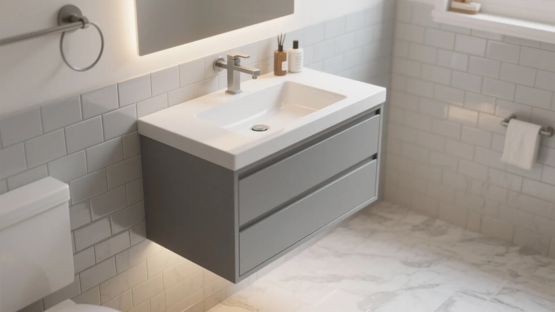 1. Floating 30-inch grey vanity for visual space