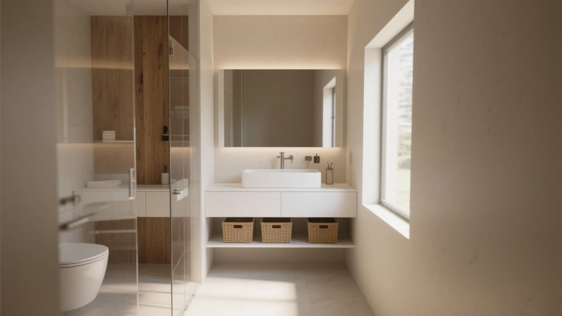 1. Floating 36 in white vanity to open floor space