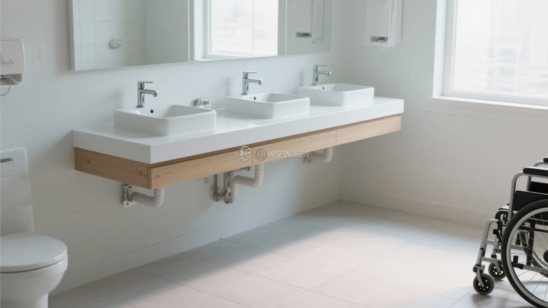 Accessible bathroom with floating white vanity three square sinks wooden cabinet toilet and a wheelchair