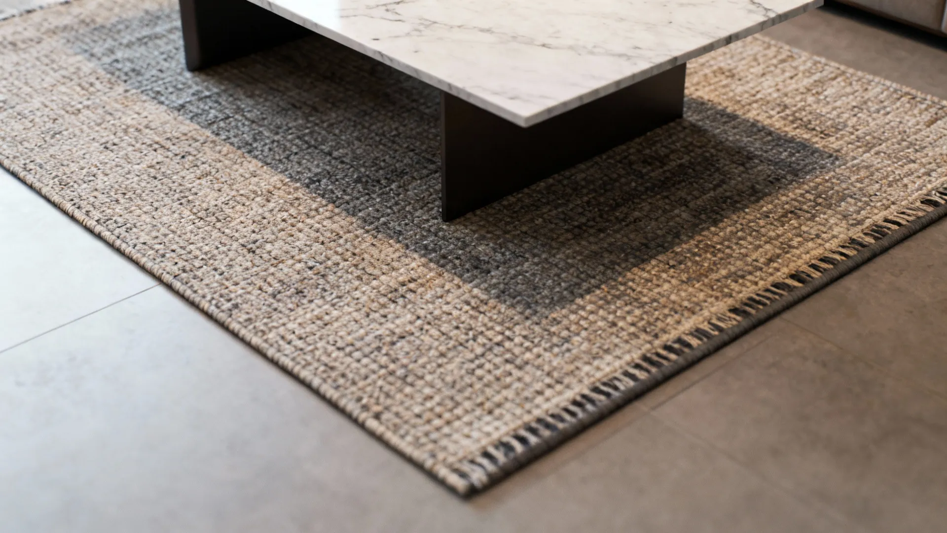 Compact rug placed only under a coffee table in a small living room keeping floors visible and traffic flow clear