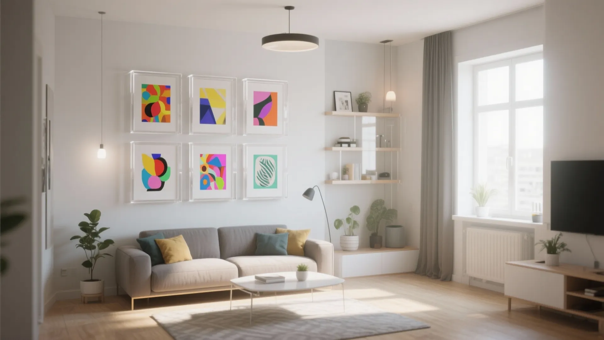 Modern living room with six colorful art pieces in clear frames above a grey sofa