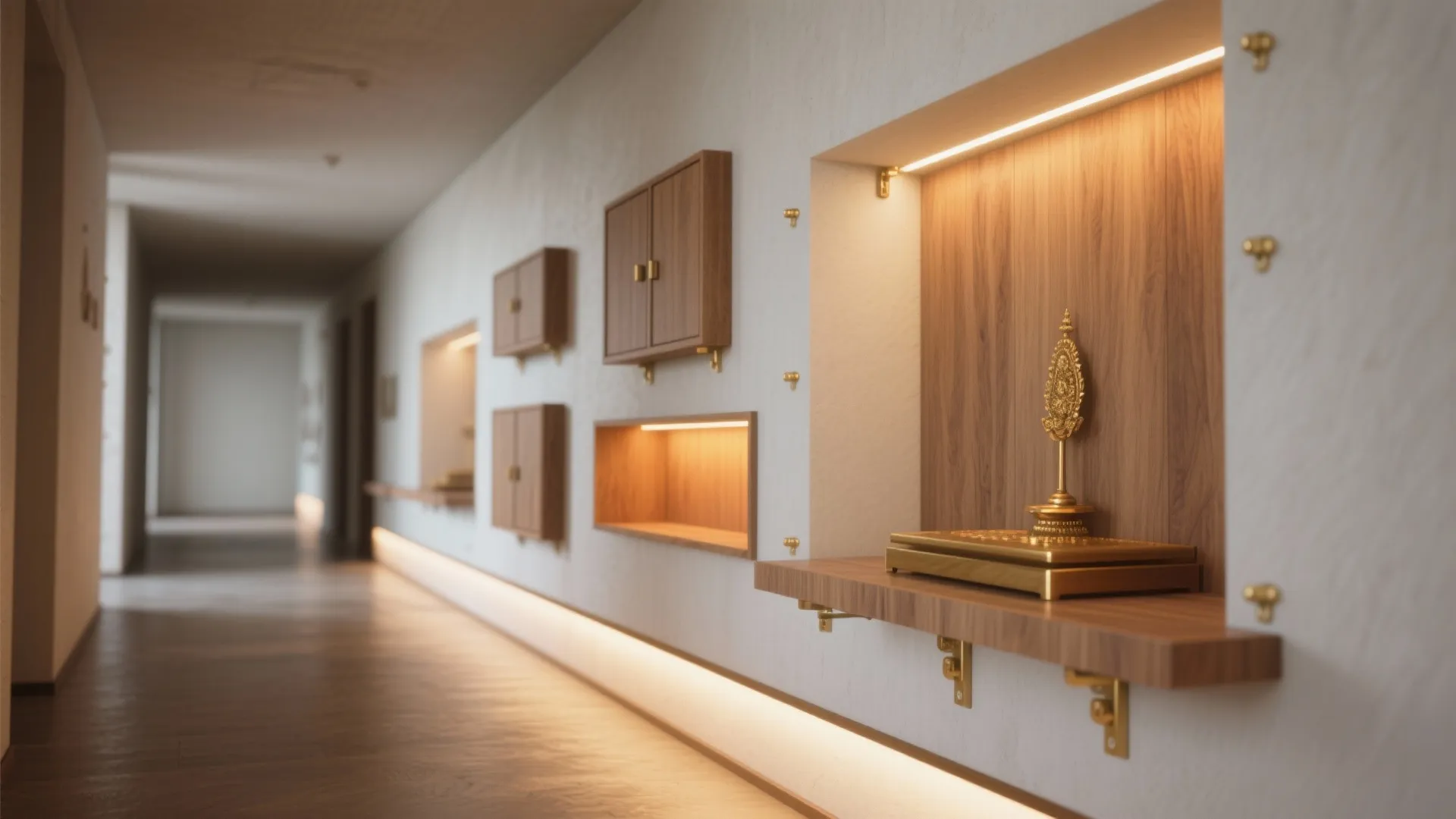 Modern hallway featuring wooden wall shelves with golden statues and warm built in light strips