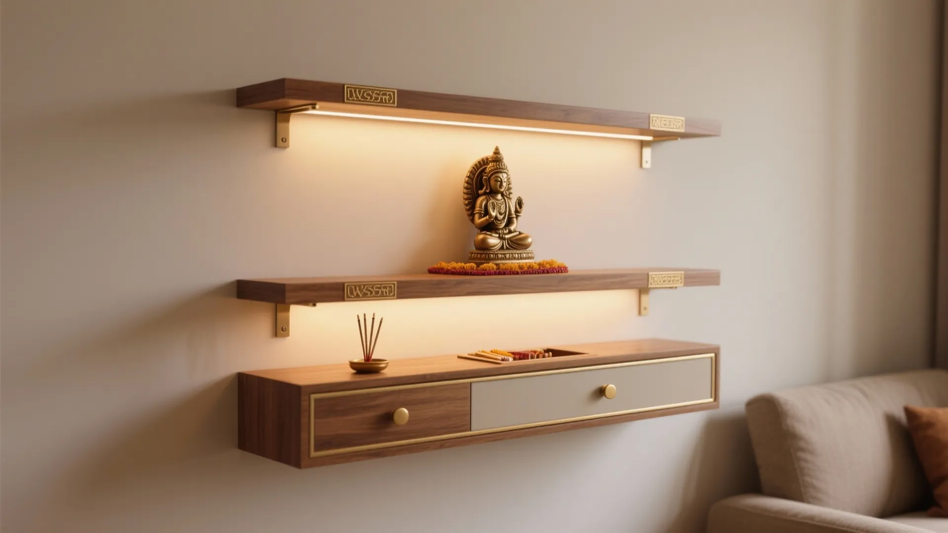 Modern wood floating shelves on a white wall with light fixtures and a buddha statue