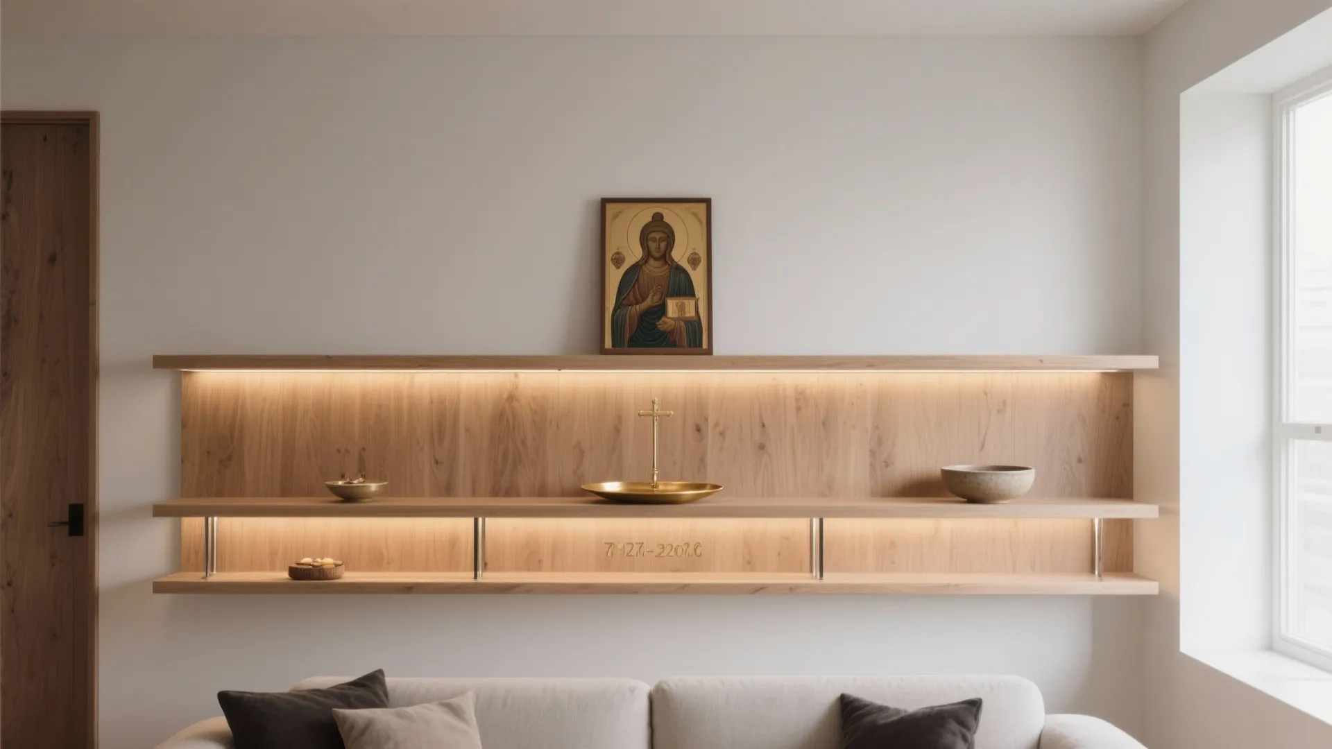 Floating altar shelves with layered lighting