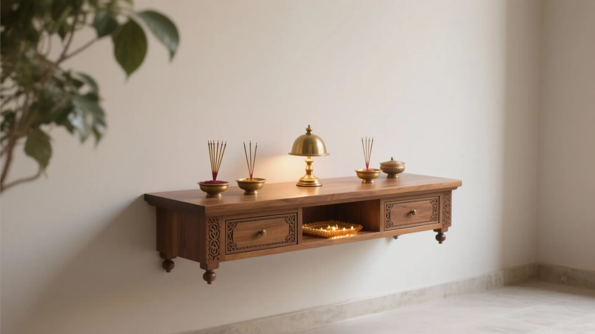 Floating wooden wall cabinet with traditional carvings holding brass bowls and small candles on top