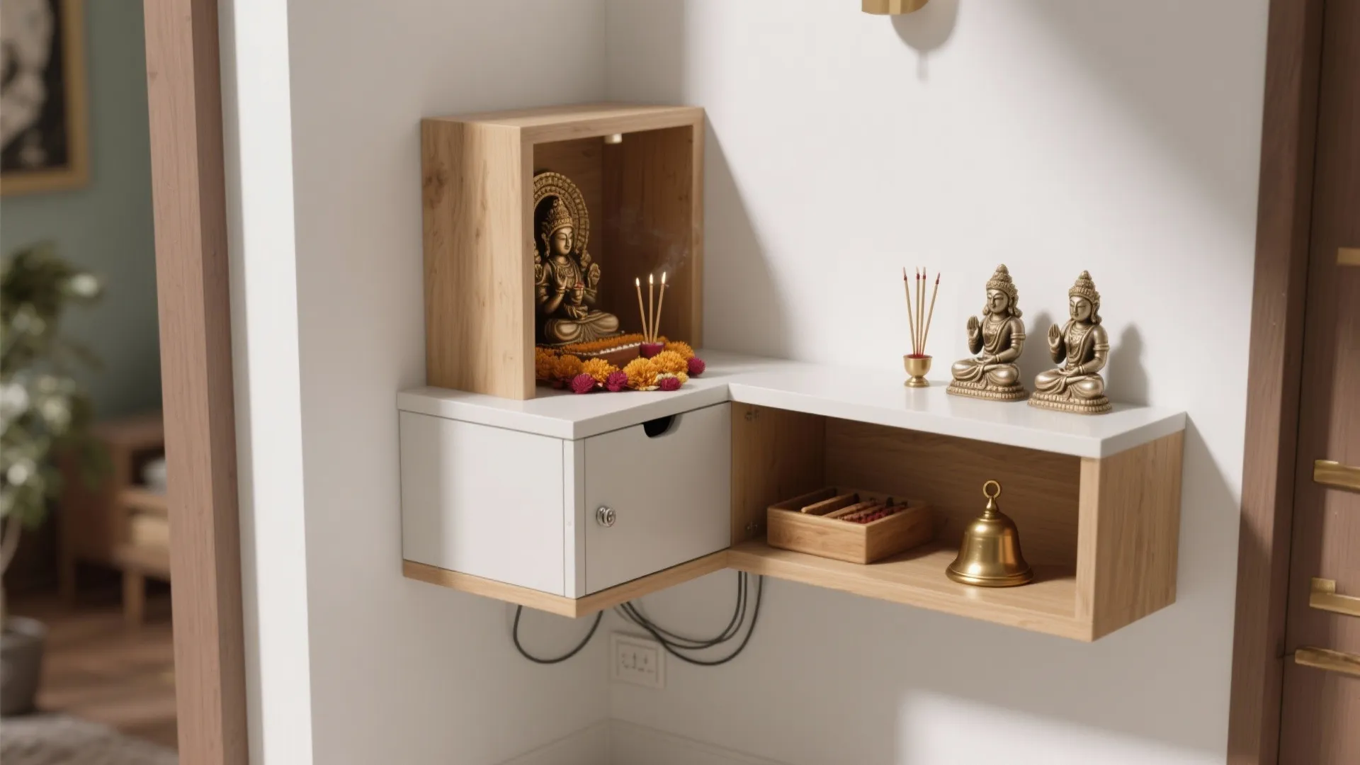 Corner wood cabinet with small statues and a brass bell in a white painted room