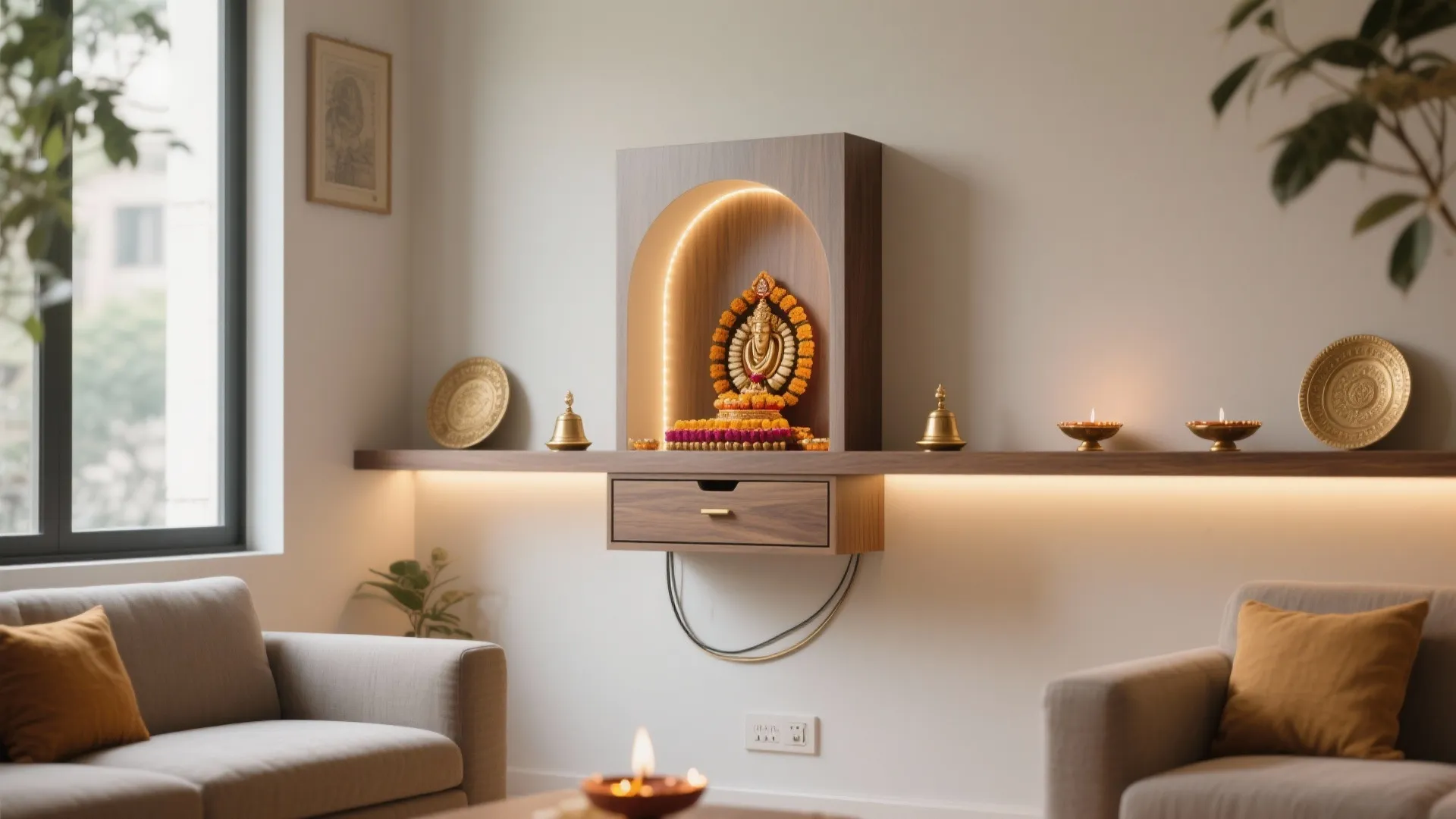 Floating pooja altar with a concealed drawer and halo LED lighting in a compact living room niche.