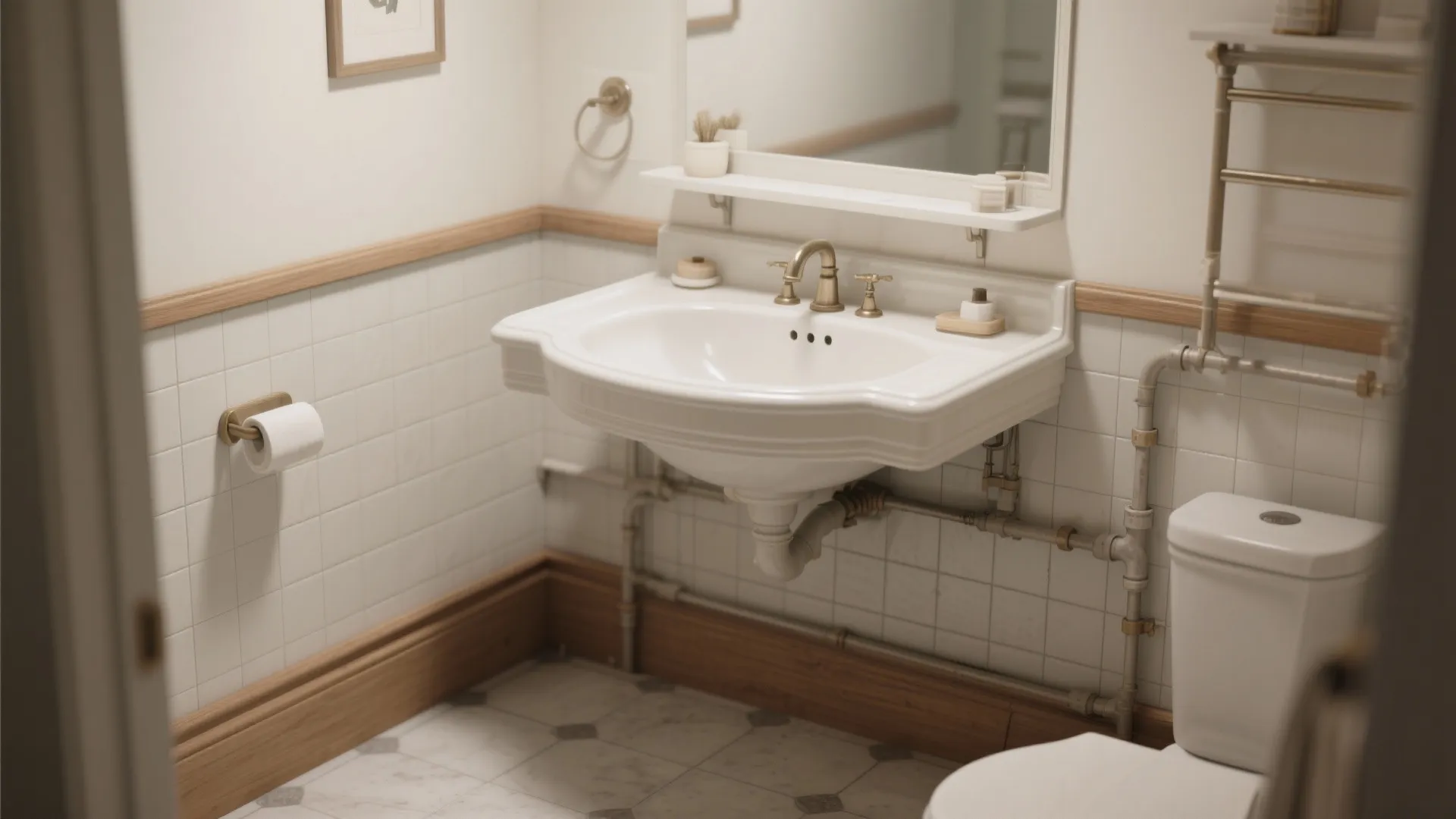 Small bathroom with a floating antique white vanity that creates visible floor space and an airy feel.