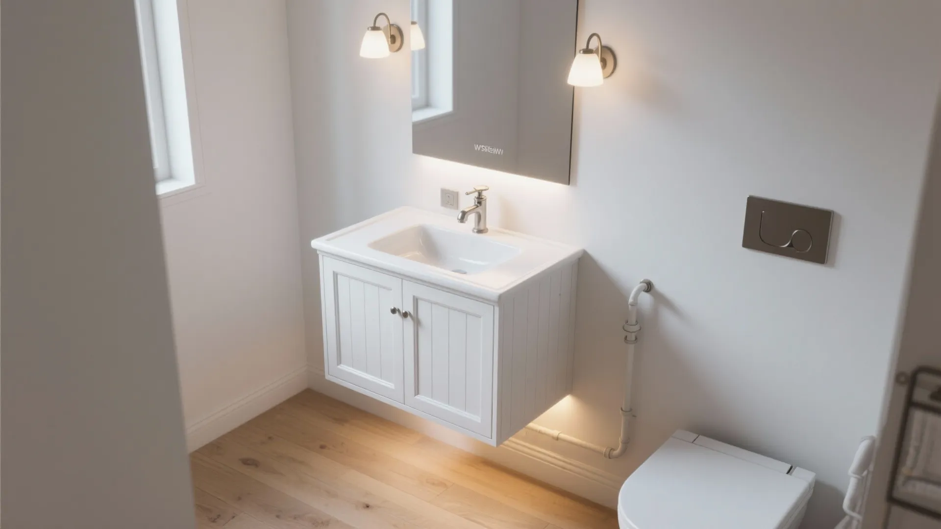 2. Floating Antique White Cabinet for a Modern Lift