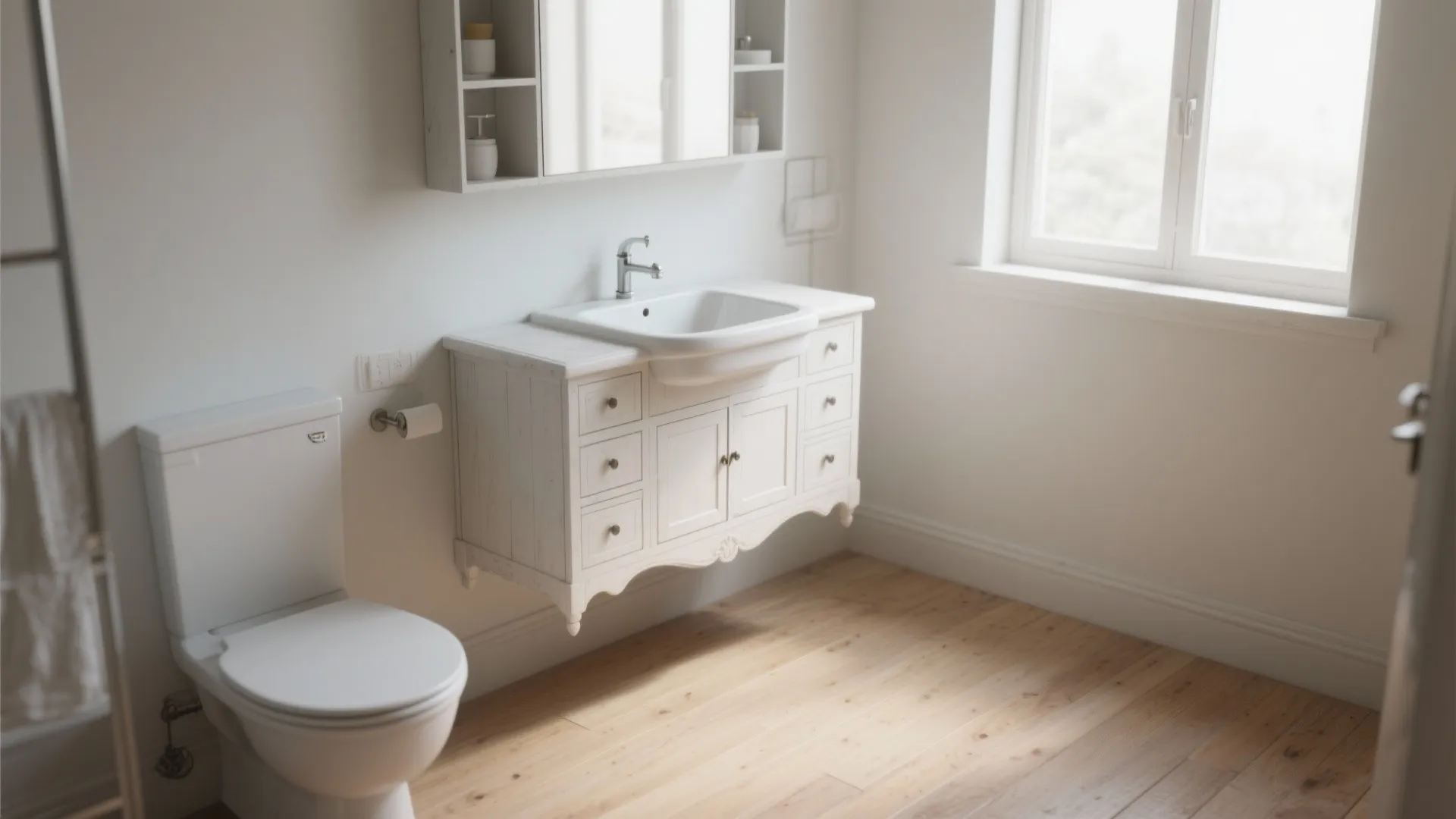 2. Floating Antique White Cabinet to Maximize Floor Space