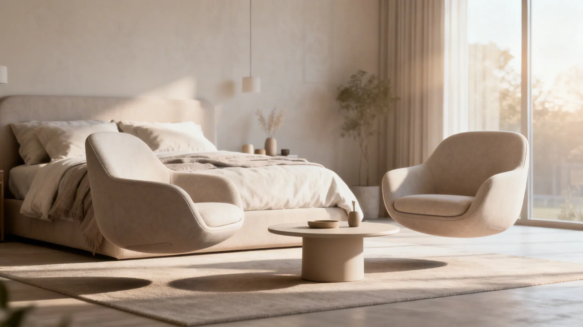 Two lightweight armchairs and a small coffee table in a bedroom seating area.