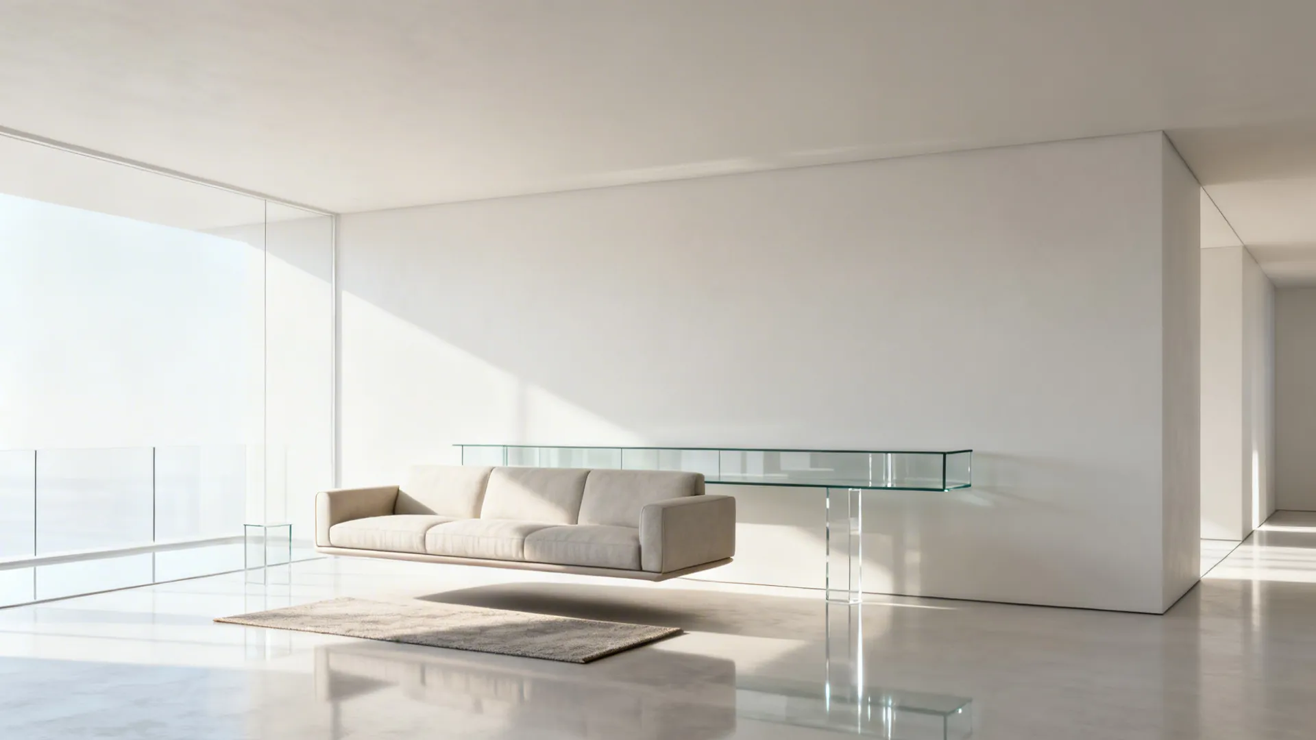 Floating sofa with narrow glass console behind and clear walkways to create visual openness.