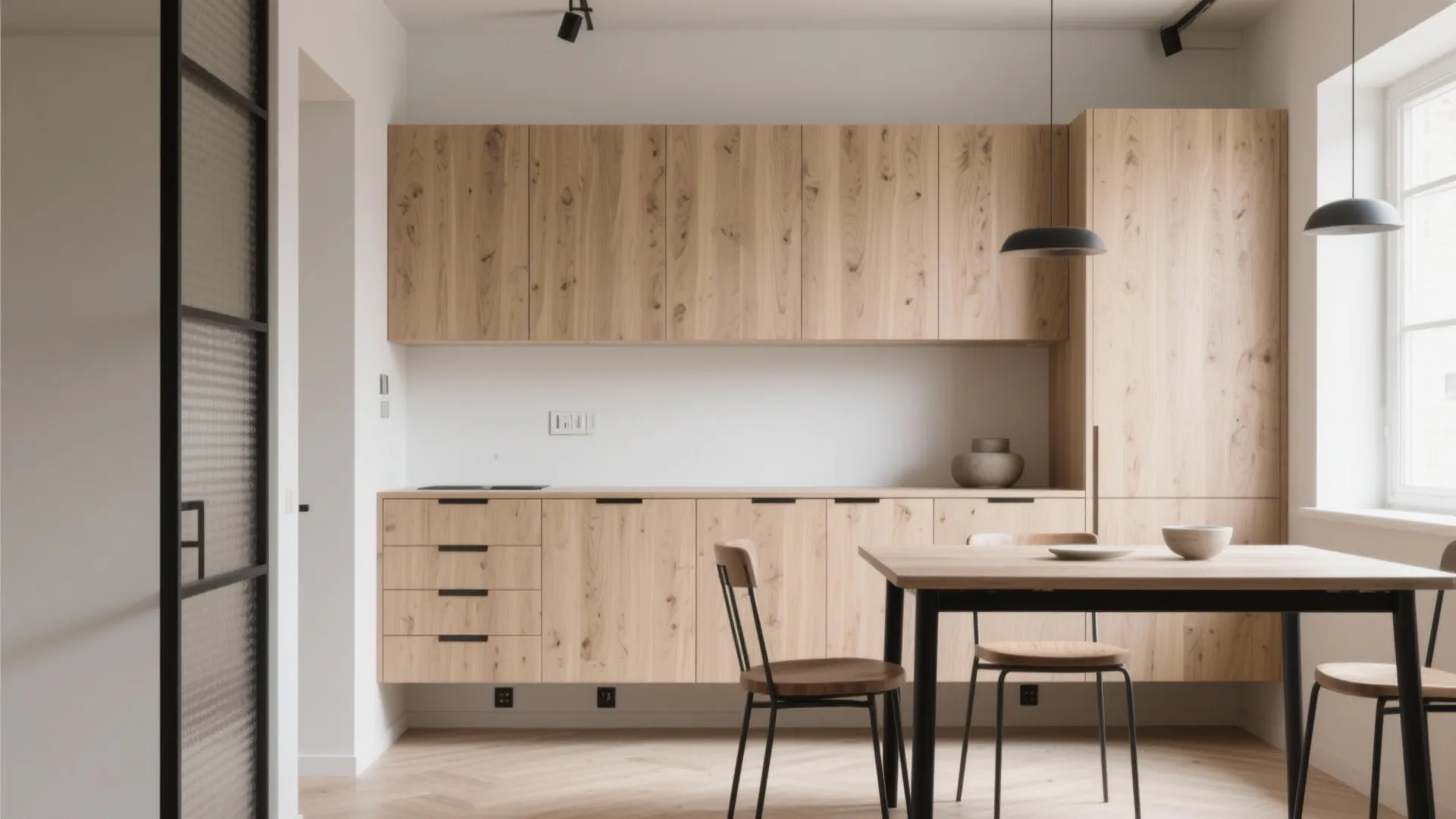 Modern kitchen featuring light wood cabinets, matching dining table, black ceiling lights, and minimalist interior design