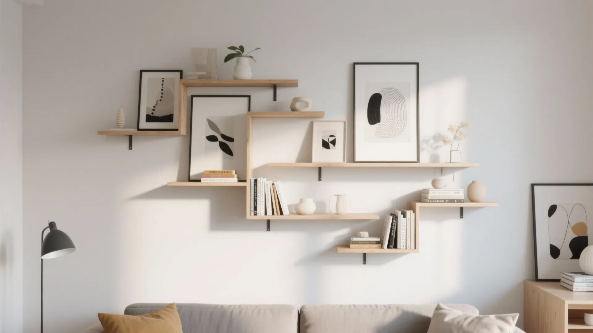 Floating asymmetrical wall shelves with books and decor in a modern living room