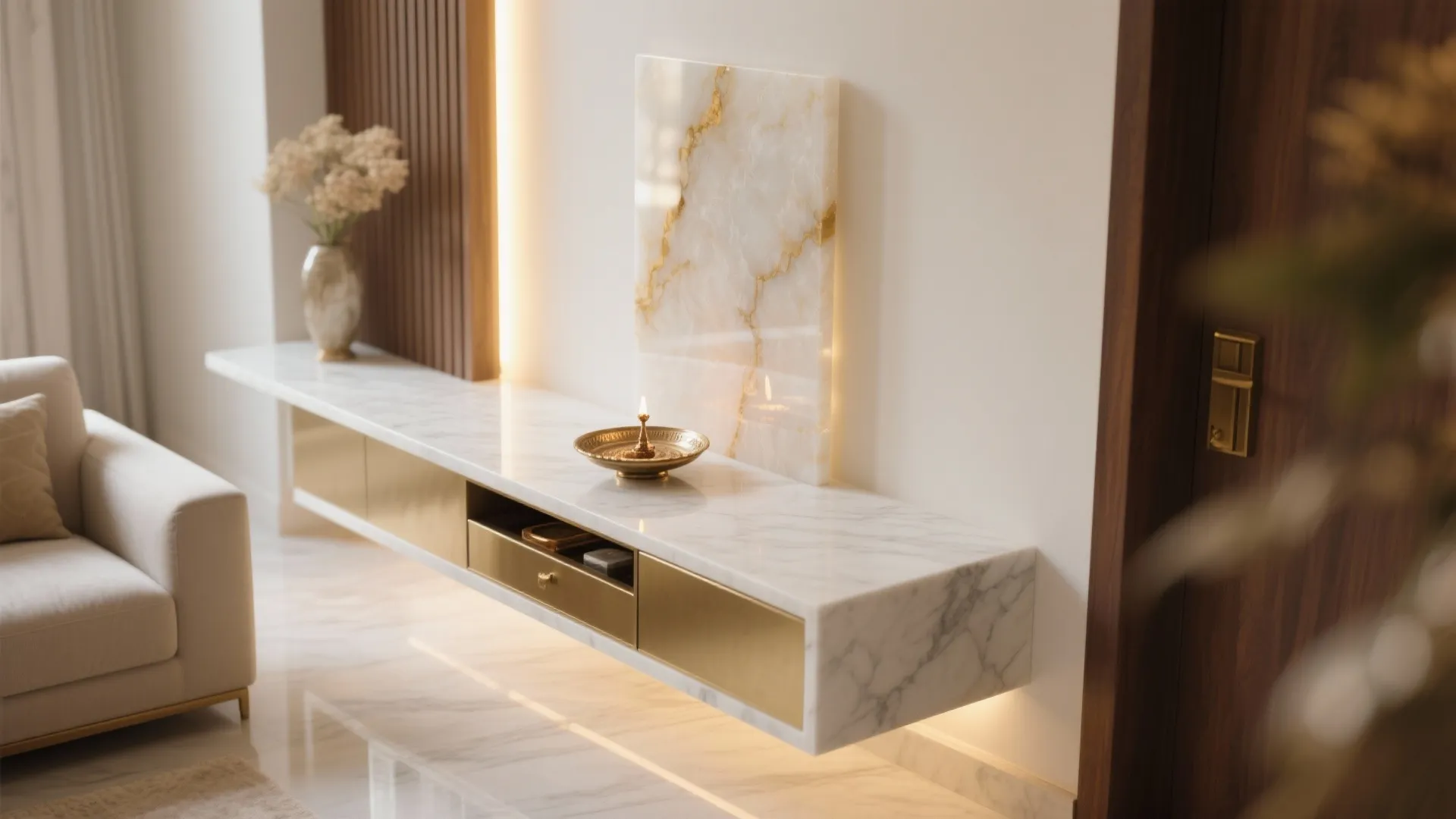 Modern white marble floating cabinet with gold drawers and glowing back light under the stone surface