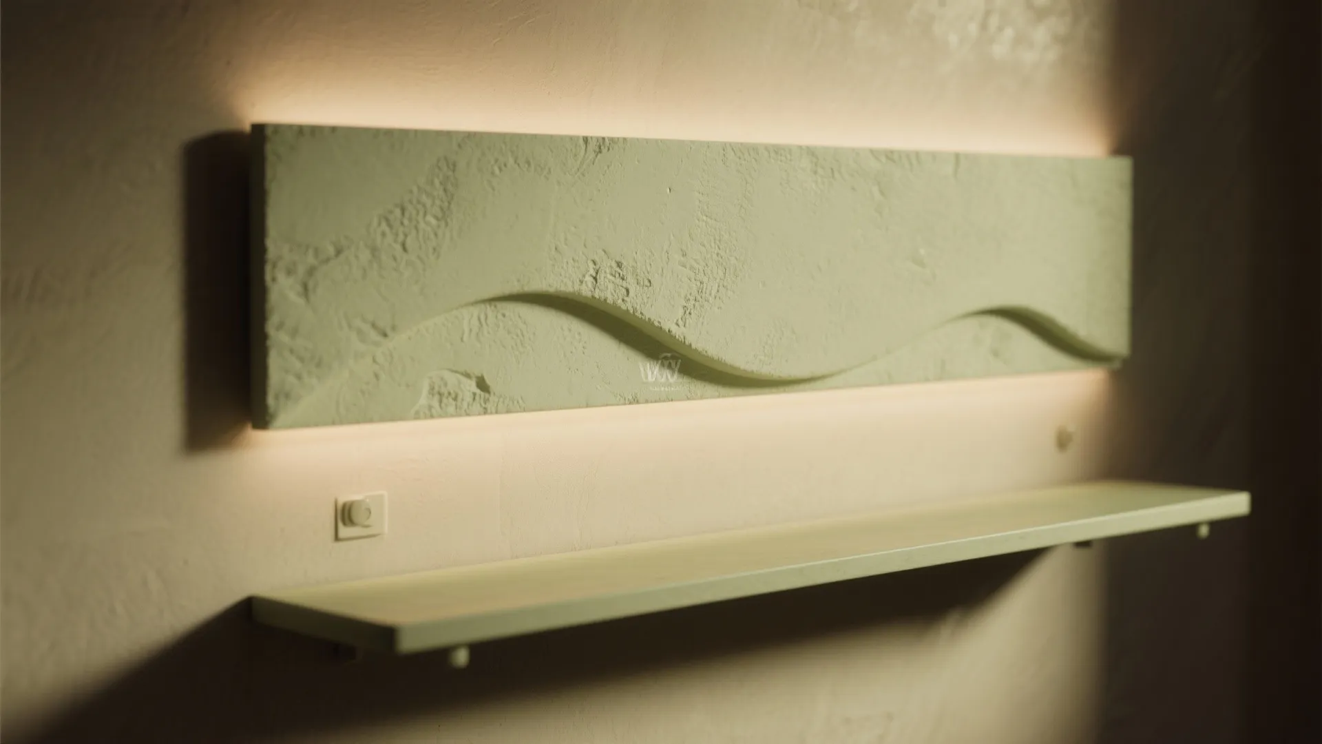 Close-up of a floating plaster backplate with curved silhouette and subtle shadow.