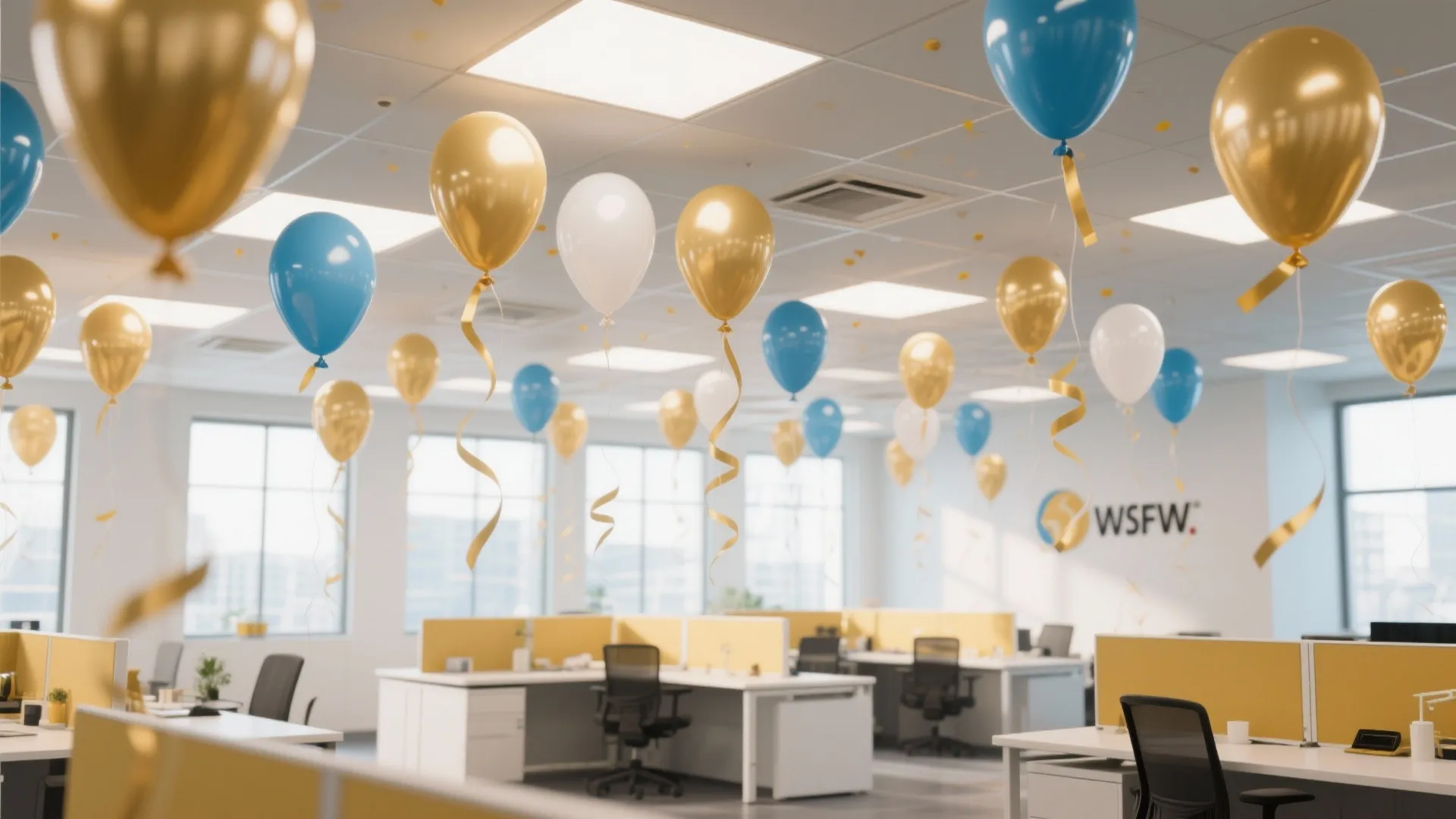 Open office workspace with many gold white and blue balloons floating near the white ceiling