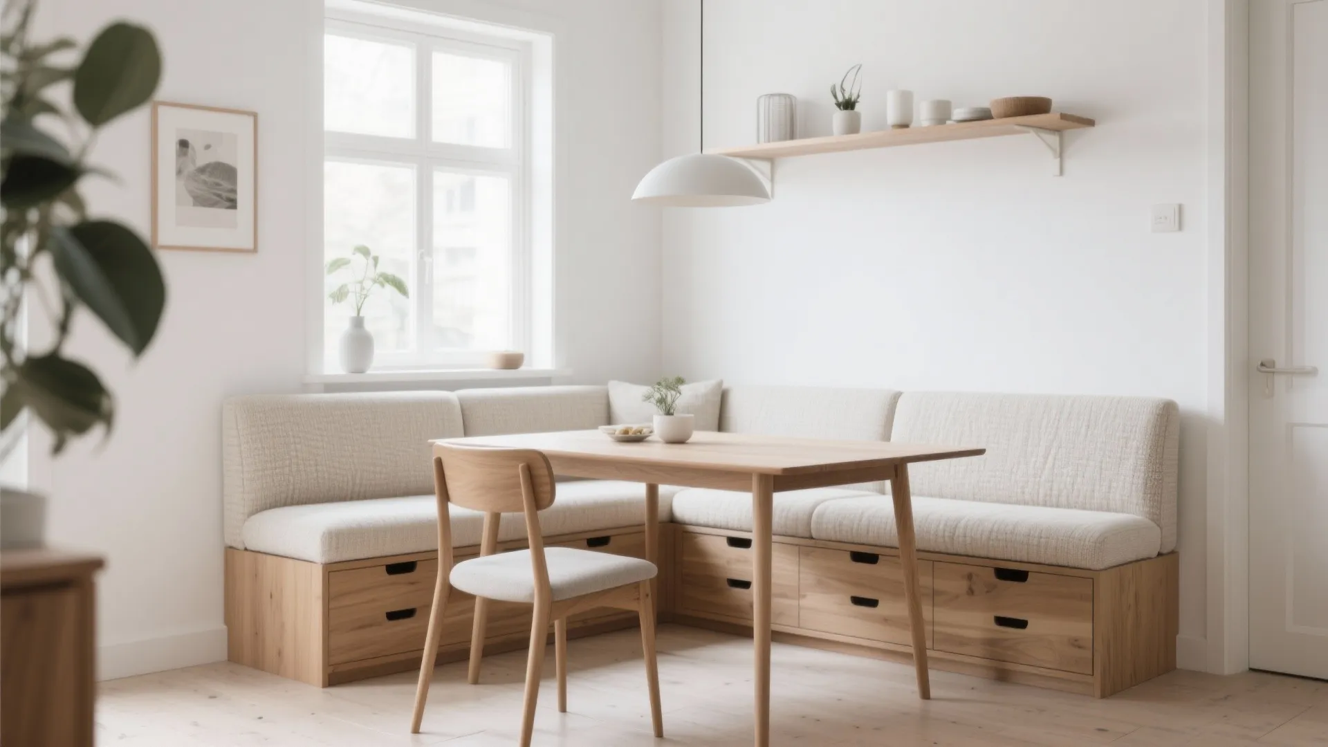 Modern dining area with a built in wooden sofa corner white walls and natural light