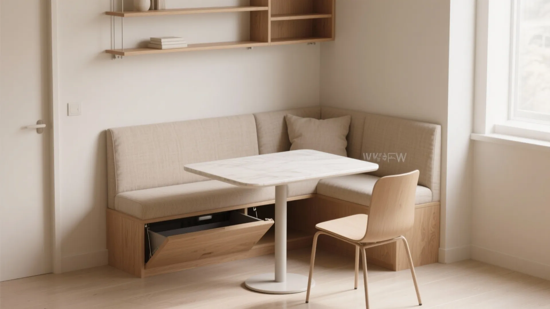 Floating banquette seating with storage