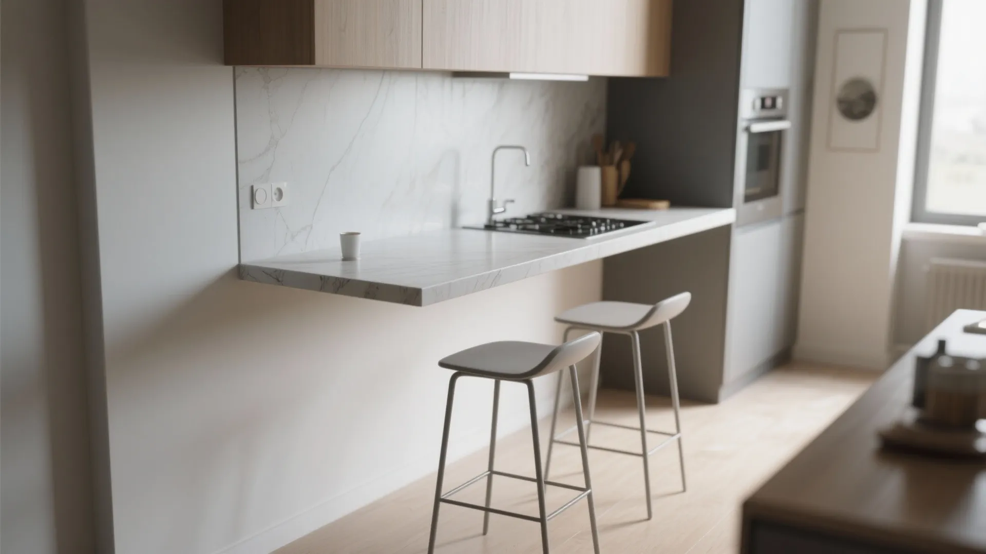 Minimalist white marble floating breakfast bar with two grey stools in a modern kitchen interior