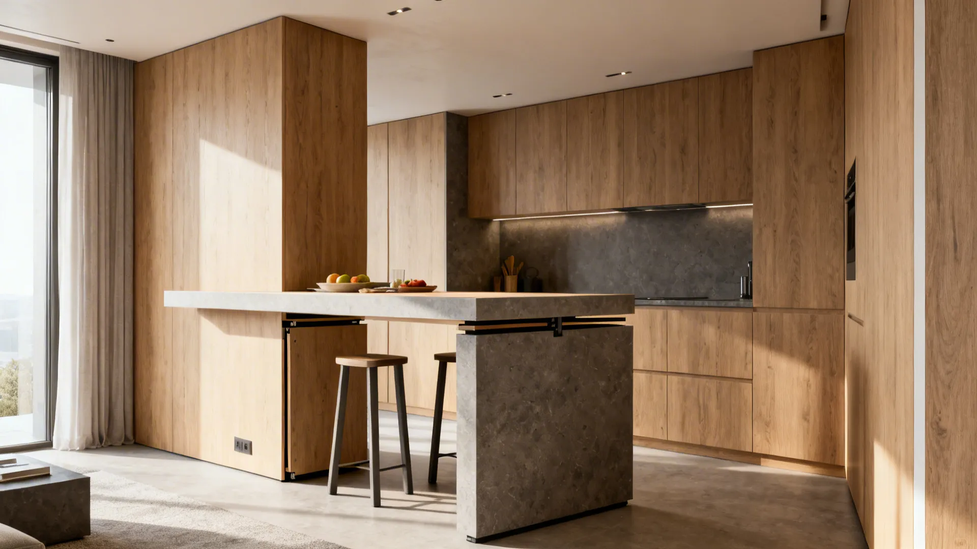 Modern kitchen with wood cabinets grey stone island breakfast bar two wooden stools and natural light