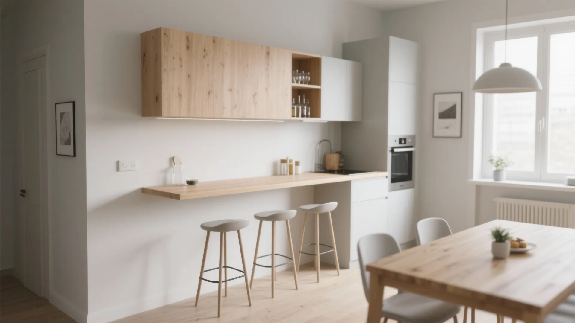 Modern kitchen with a wooden wall mounted counter three tall stools and white wall cabinets