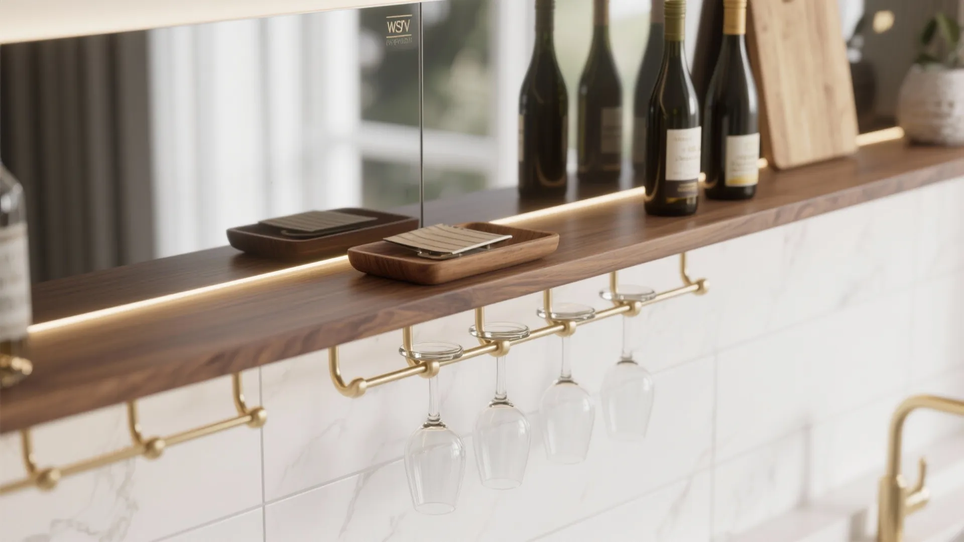 Slim floating bar shelf with mirrored backsplash, glass hooks, tray and cutting board in a minimalist setting