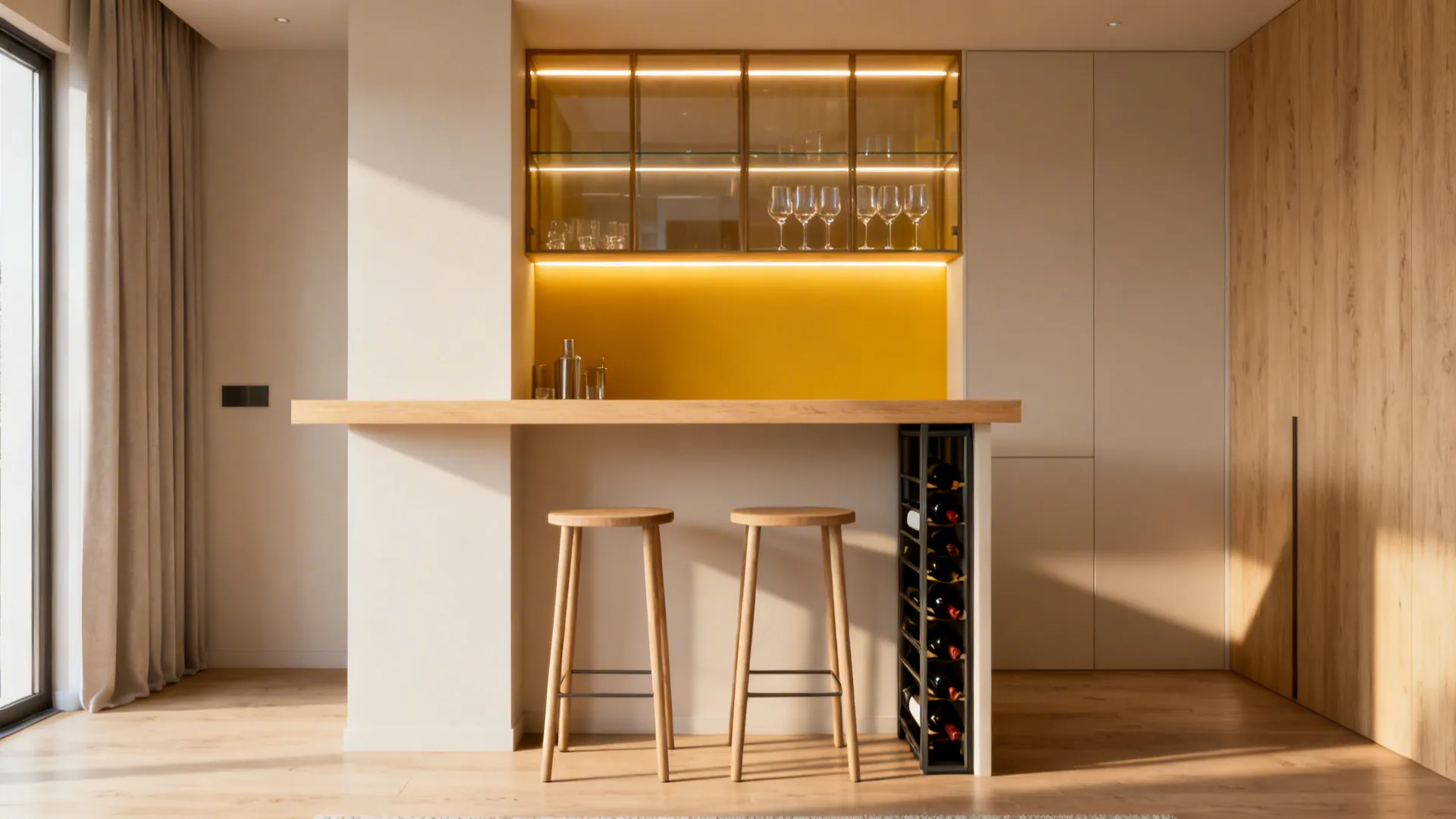 Floating counter-height bar shelf with stools and backlit glass shelving in a studio living room