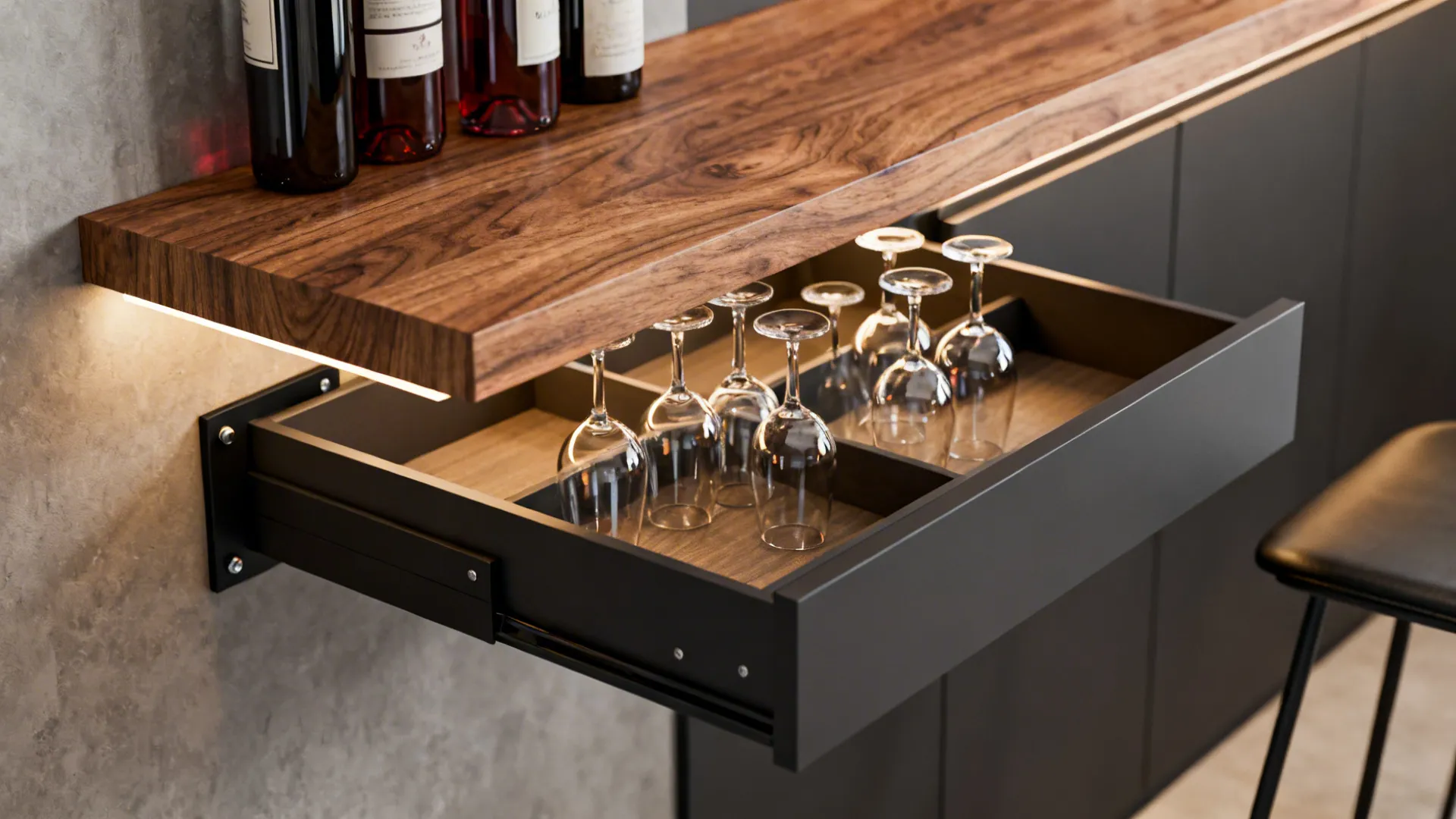 Slim floating wooden bar with hidden drawers storing stemware and bottles.
