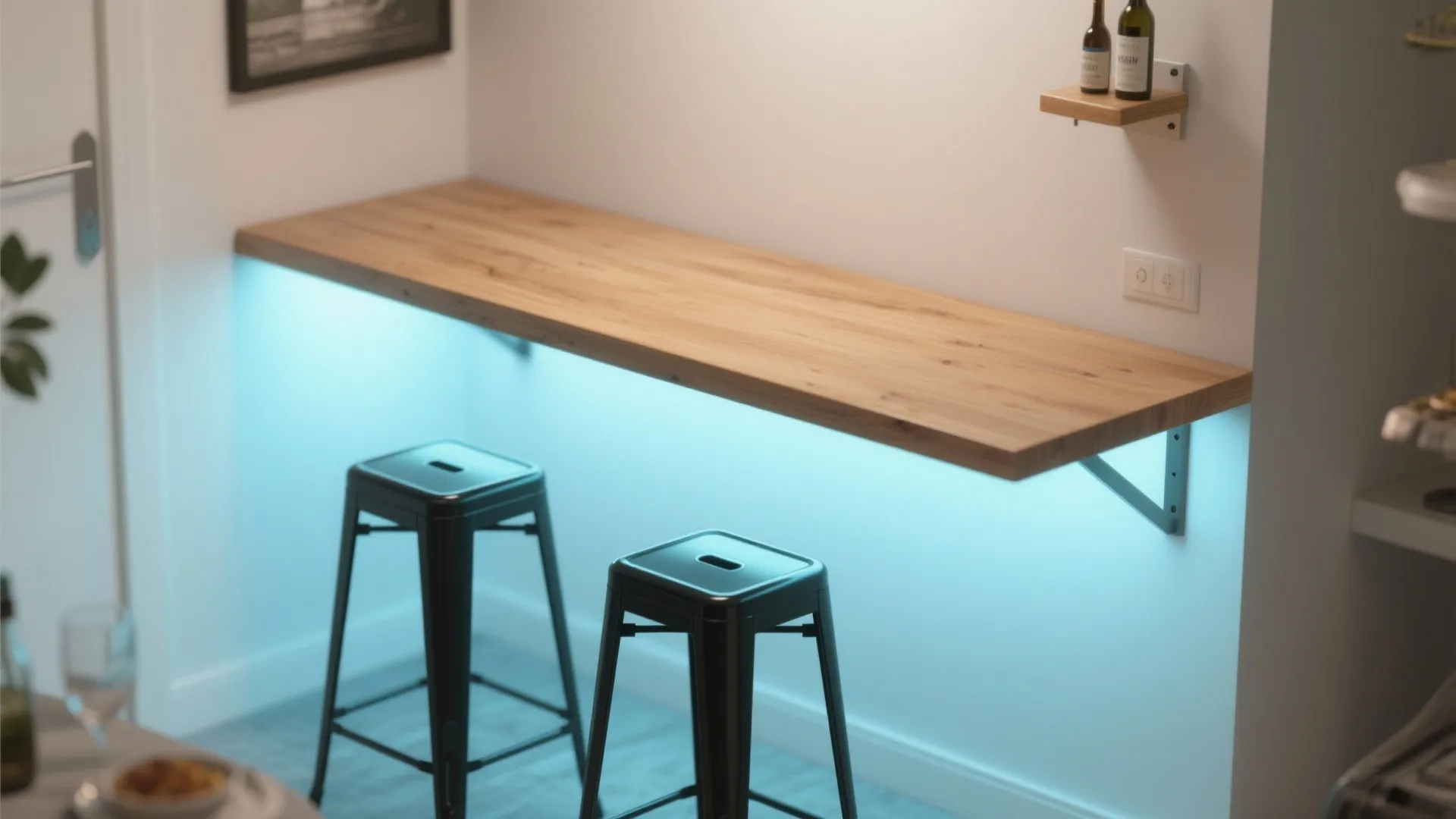 Wooden wall mounted breakfast bar table with blue light effect and two black metal stools