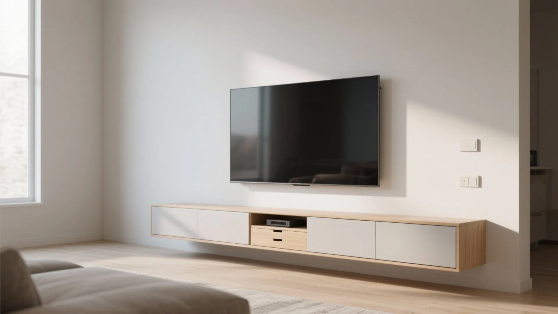Wall mounted wooden tv cabinet with white doors below a large screen in bright room