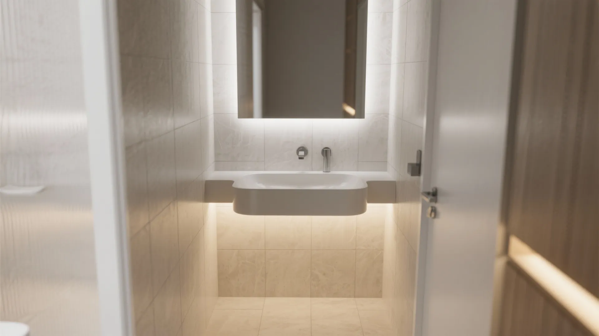 Minimalist bathroom featuring a floating white sink with glowing light under the mirror and counter