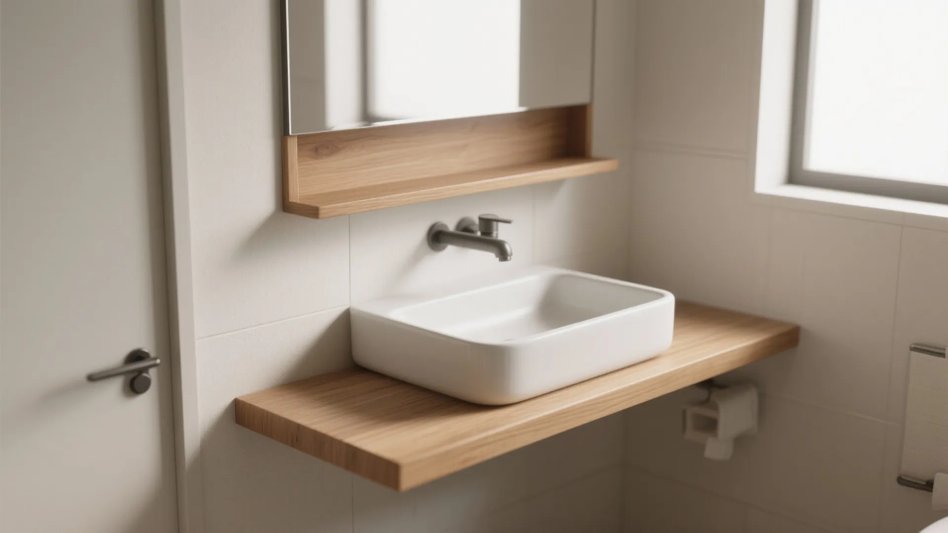 Minimalist Floating Shelves Behind the Basin