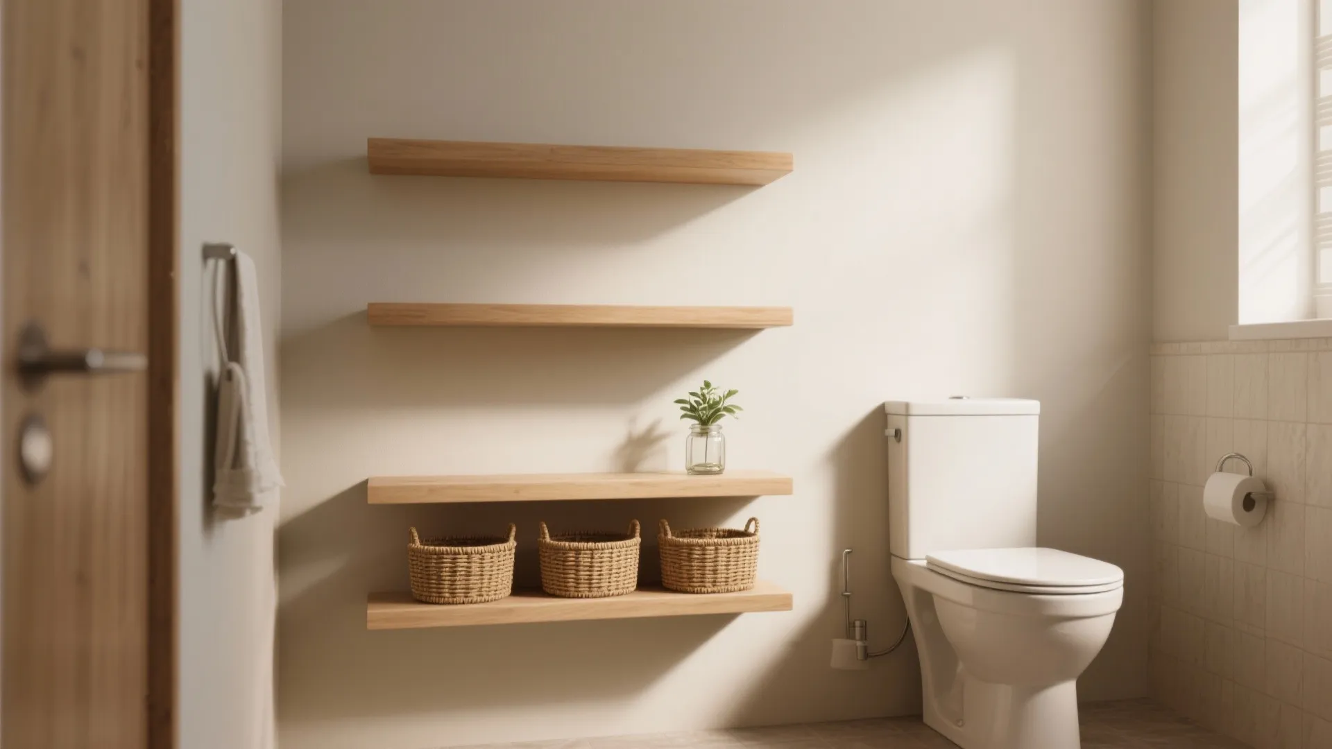 Open floating shelves with tidy baskets