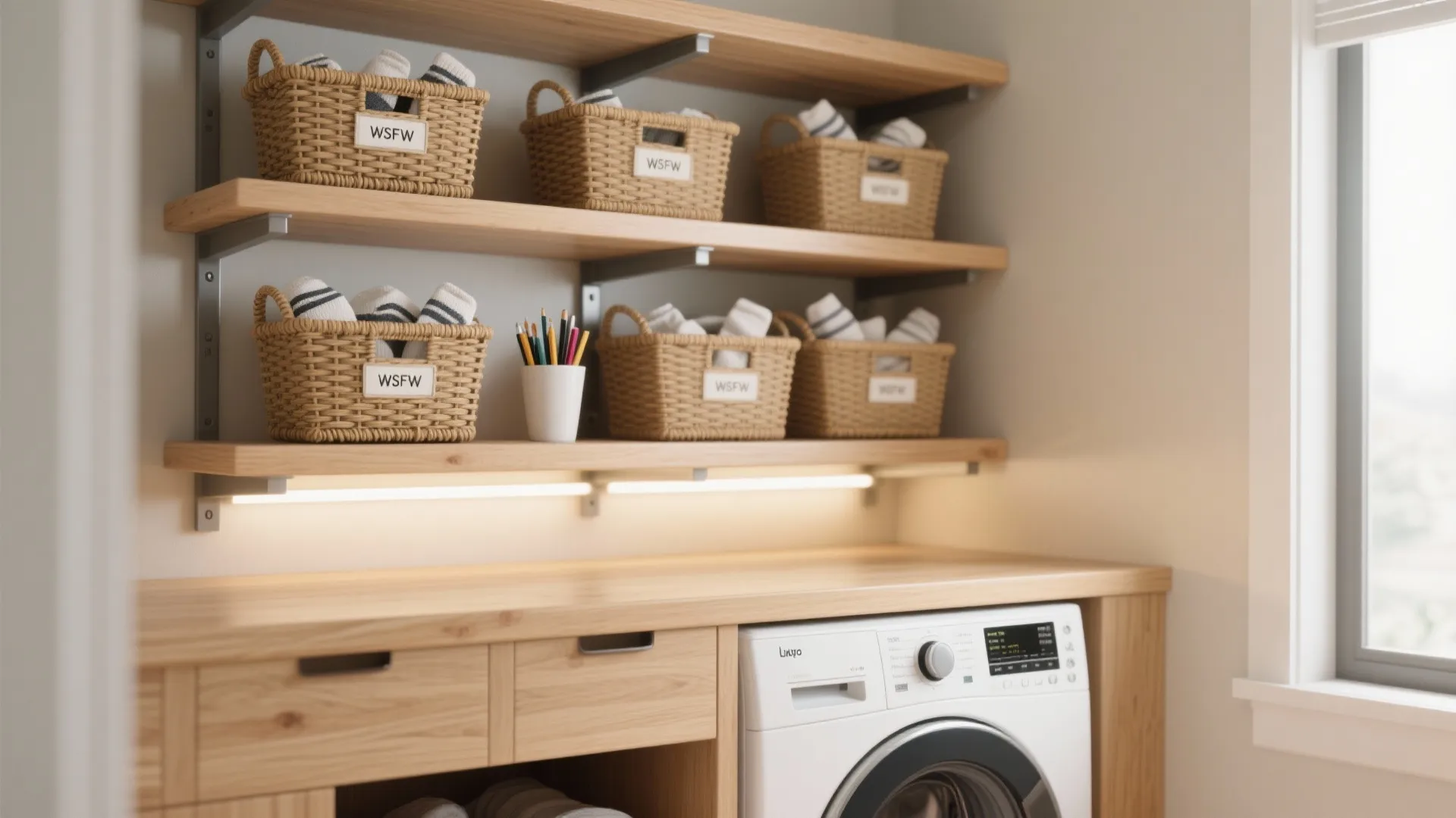 1. Floating shelves with woven baskets